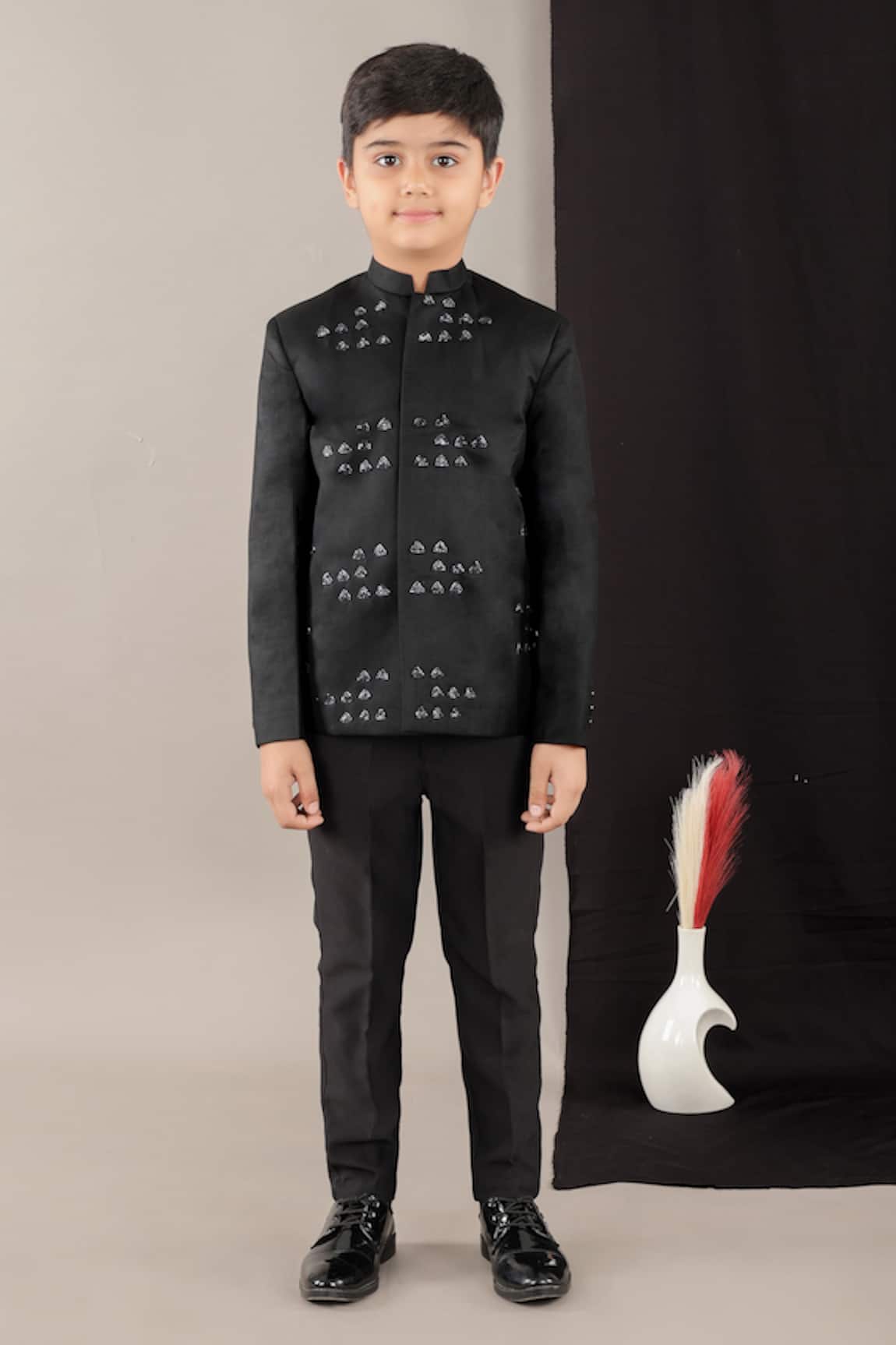 LITTLE BRATS Black Hand Embroidered Boys Prince Coat Set 