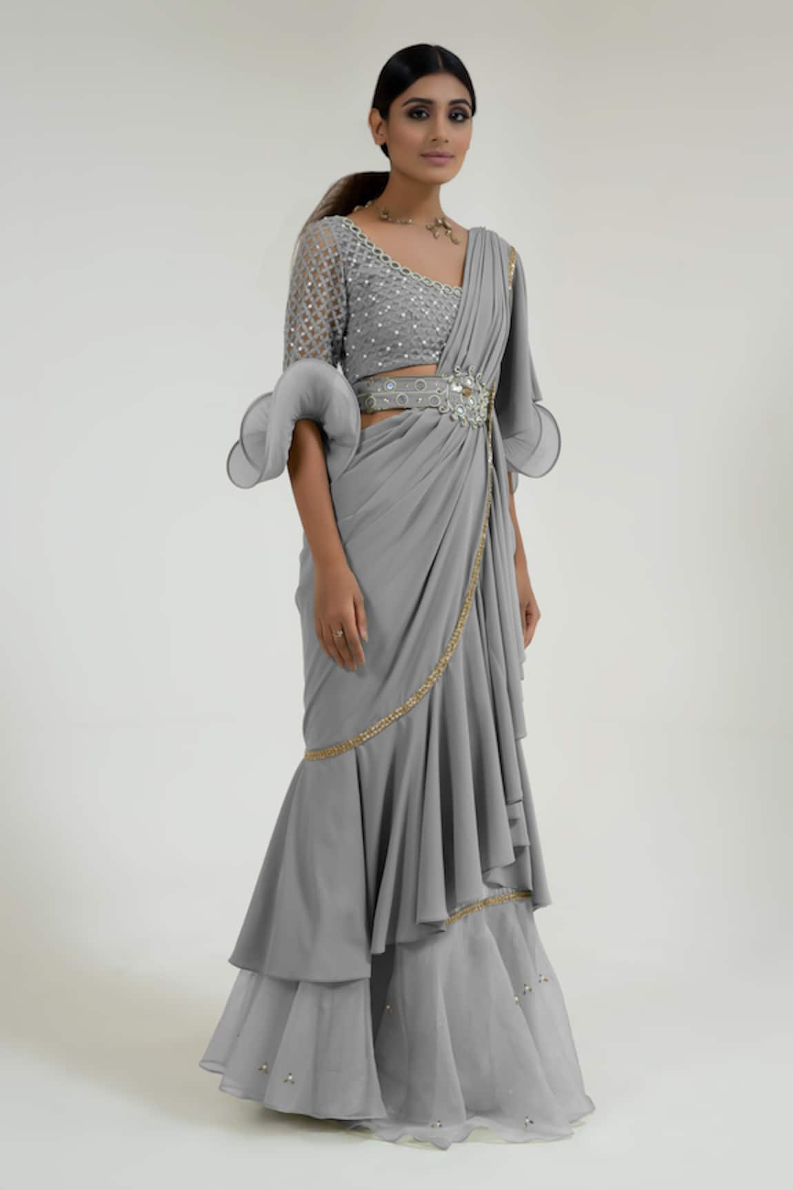Merge Design Grey Mirror Work Pre-Draped Saree Set 