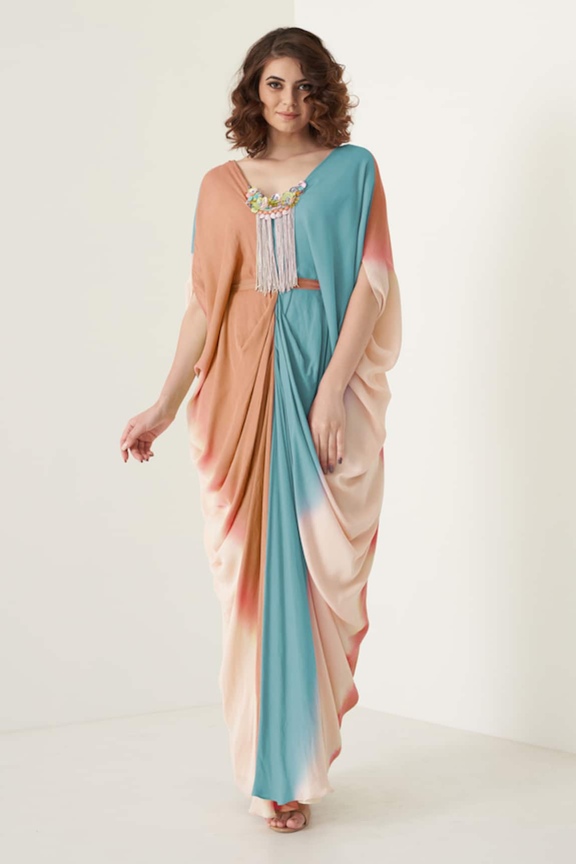 Merge Design Multicolor Modal Satin Kaftaan Set 