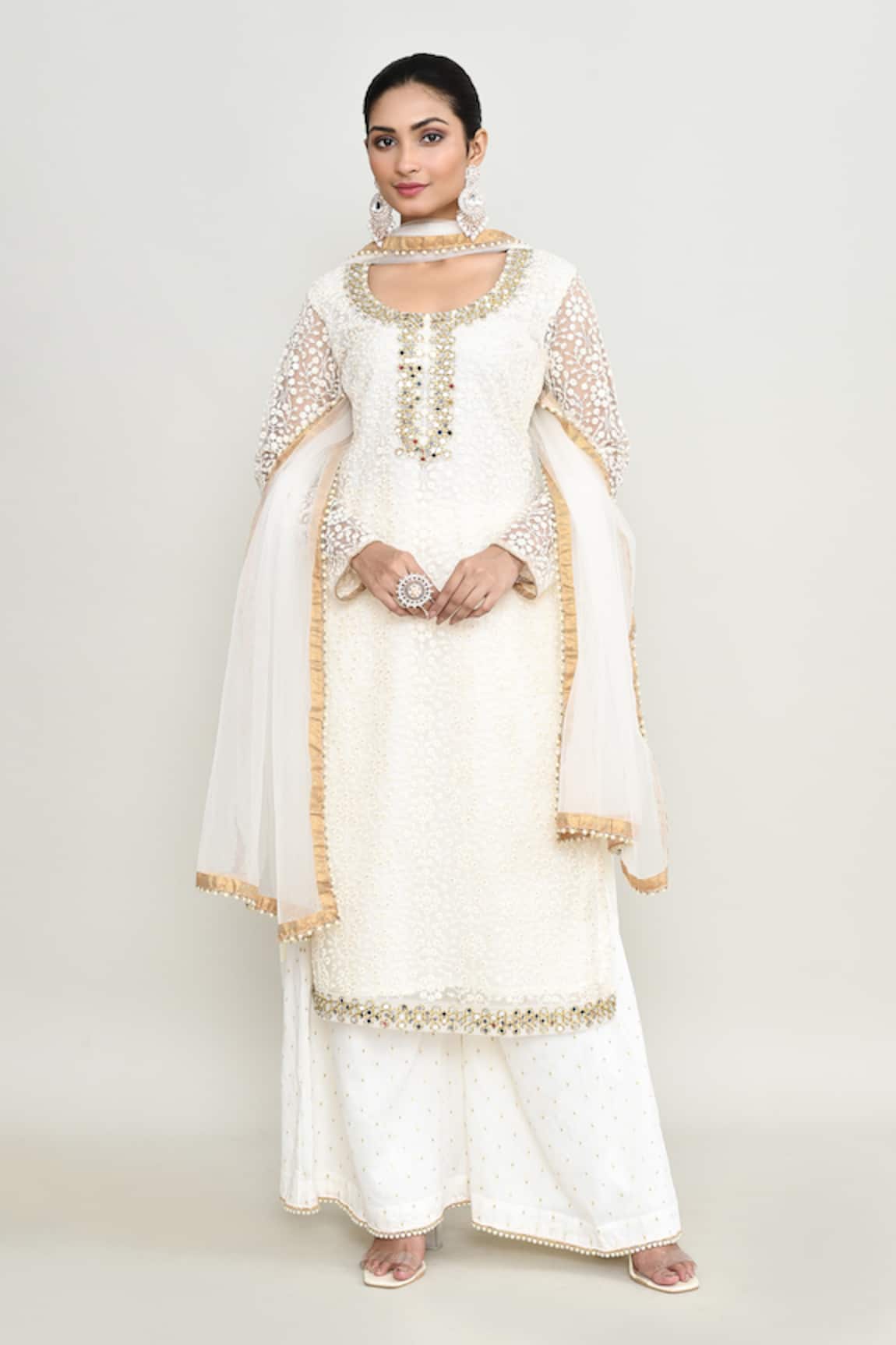 Abbaran Embroidered Off White Kurta Palazzo Set 