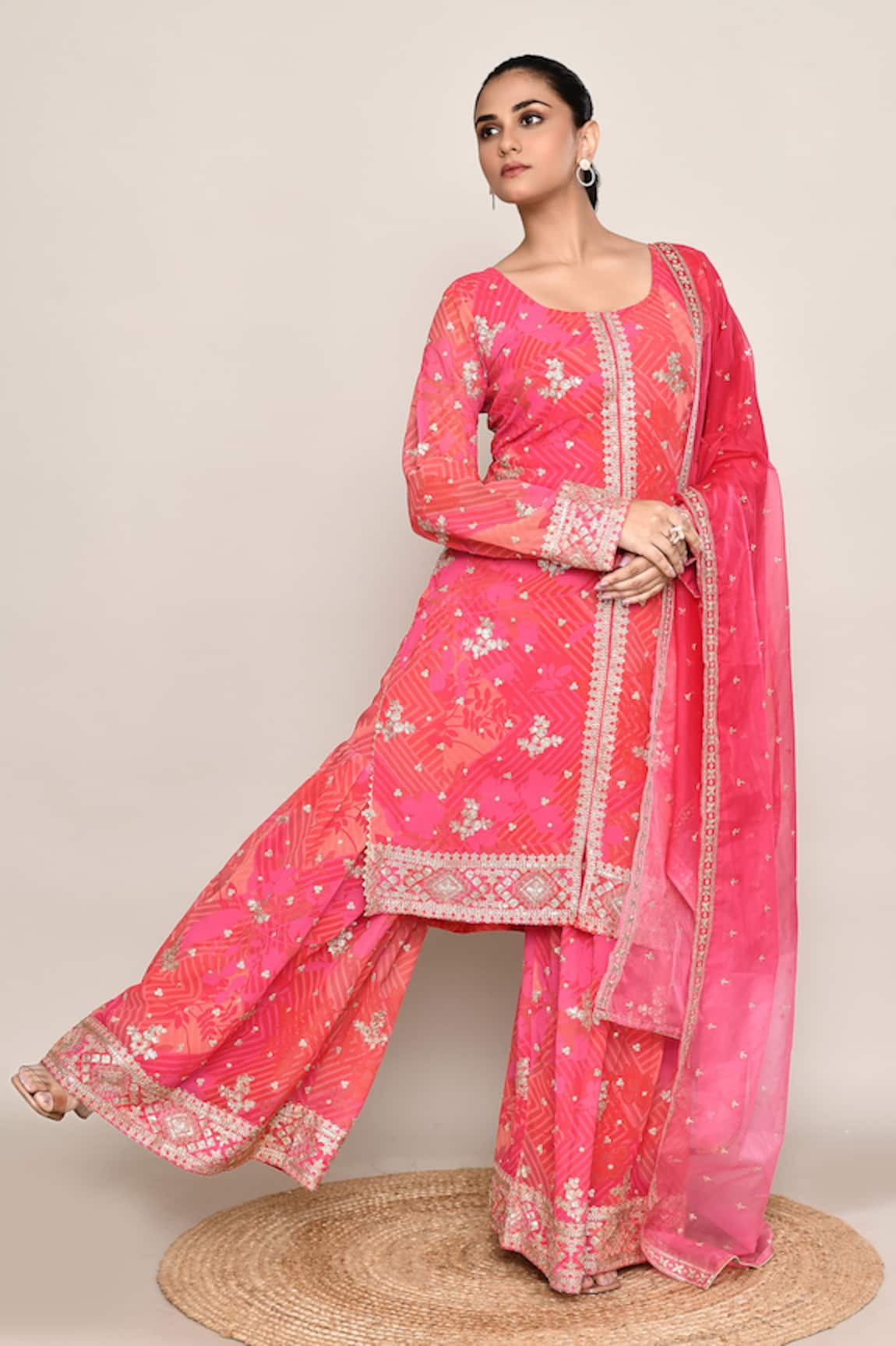Abbaran Pink Chinnon Silk Kurta Set 