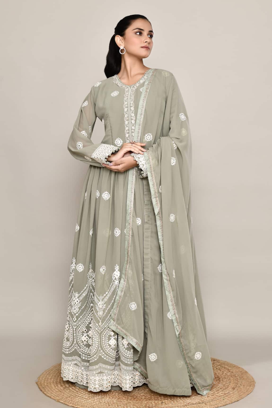 Abbaran Dusty Green Embroidered Anarkali Set 