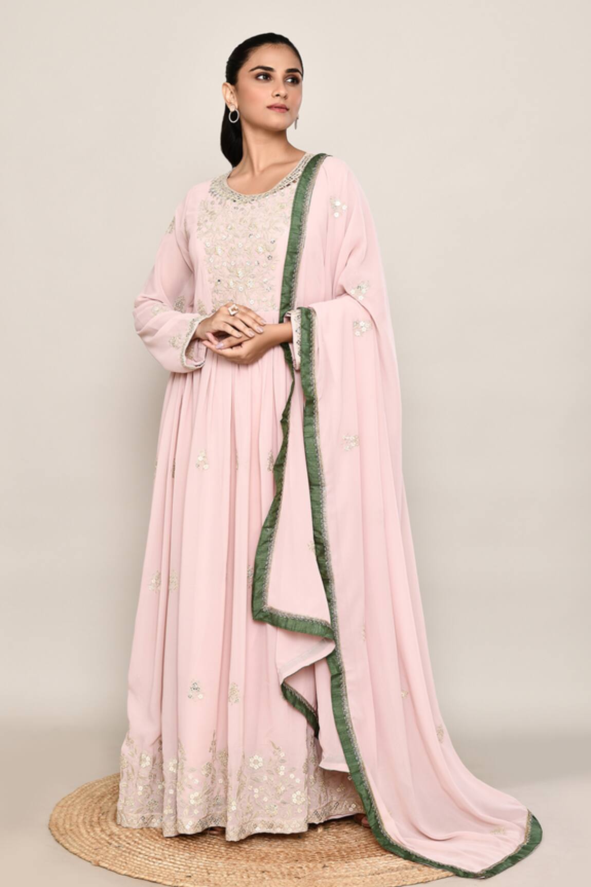 Abbaran Embroidered Pink Anarkali Palazzo Set 