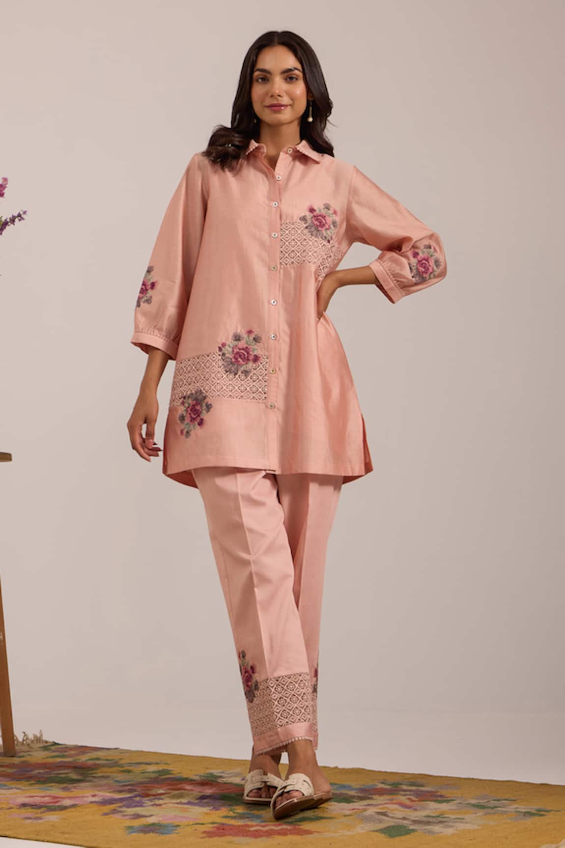 OMI Pink Mul Chanderi Pant Set 