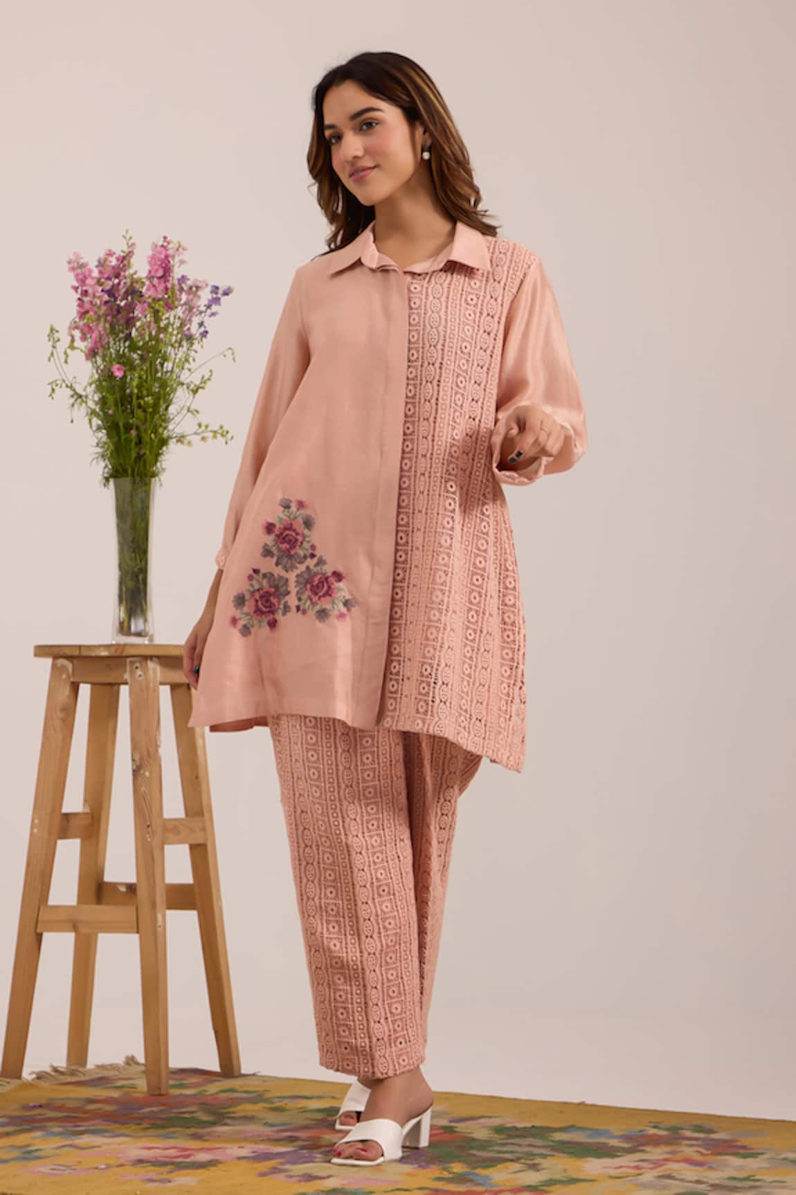 OMI Pink Embroidered Chanderi Pant Set 