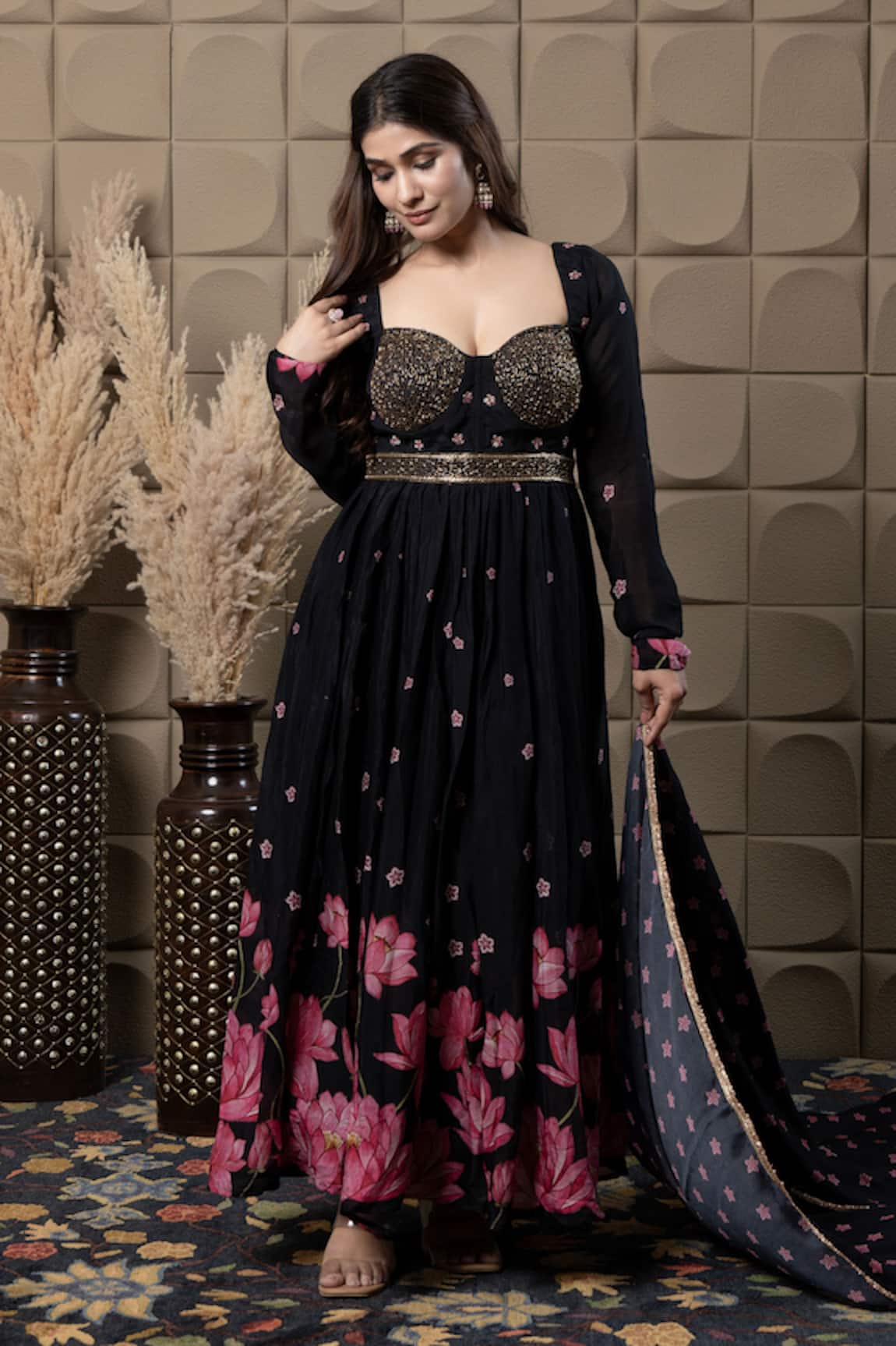 LABEL FLAMINGO BY VRINDA Black Corset Anarkali Set 