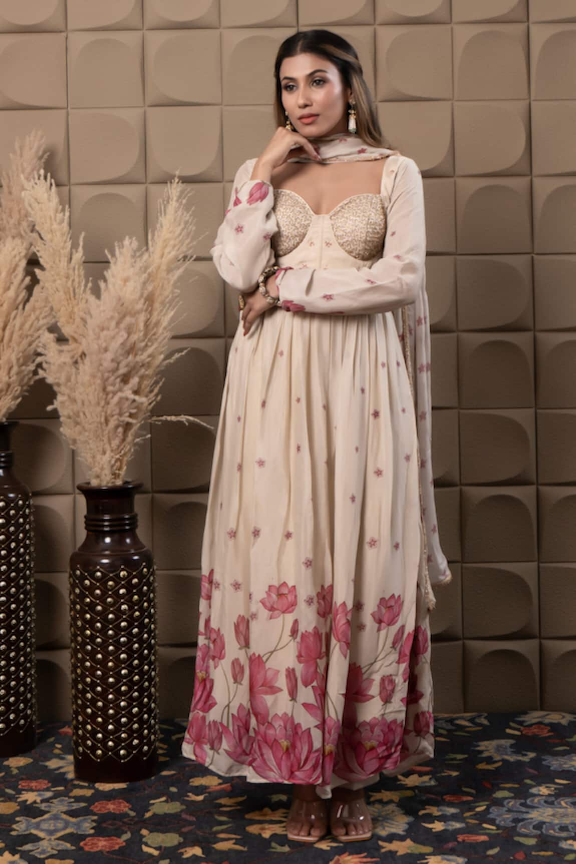 LABEL FLAMINGO BY VRINDA Ivory Corset Anarkali Set 