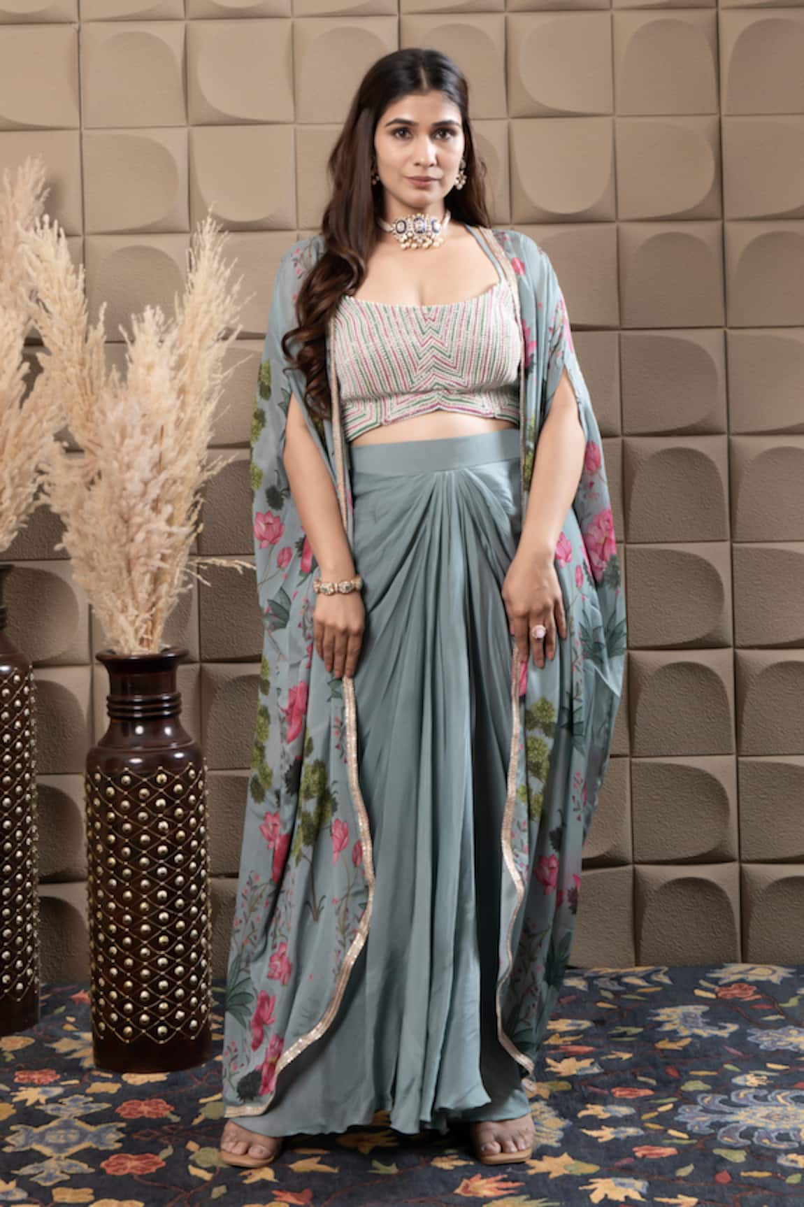 LABEL FLAMINGO BY VRINDA Aqua Drape Set with Floral Cape 
