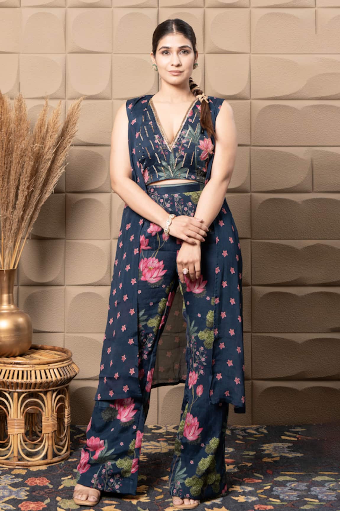 LABEL FLAMINGO BY VRINDA Navy Blue Embroidered Cape Set 
