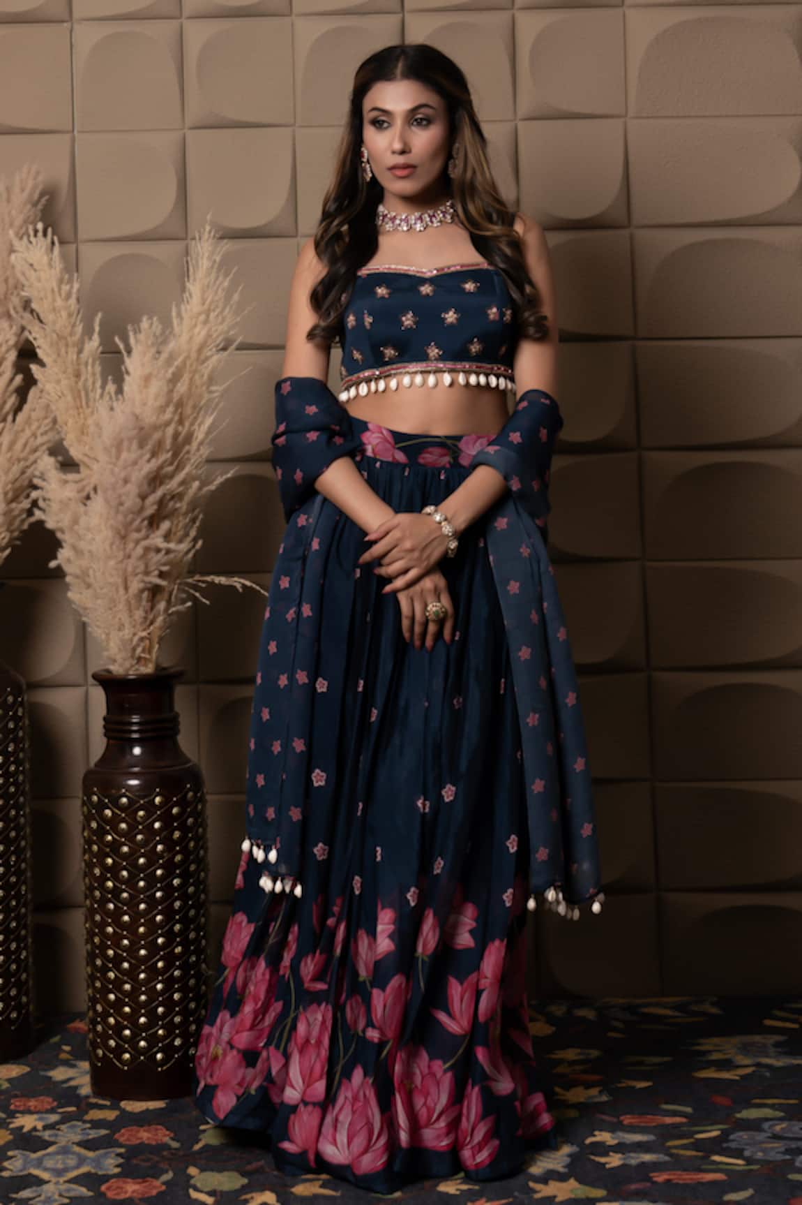 LABEL FLAMINGO BY VRINDA Navy Blue Gather Lehenga Set 