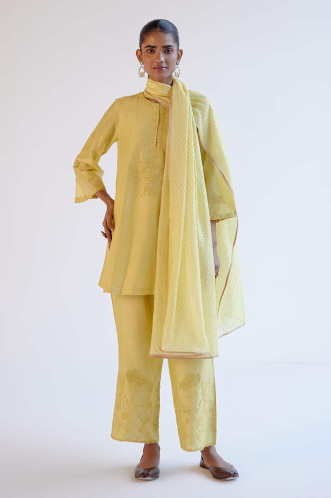 Devnaagri Lemon Yellow Silk Chanderi Kurta Set 