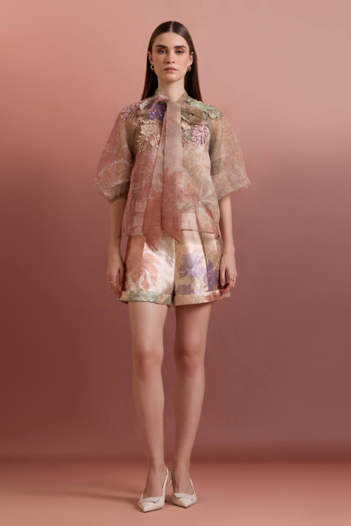 Pankaj & Nidhi Multi Color Tie-Up Top & Pleated Shorts 