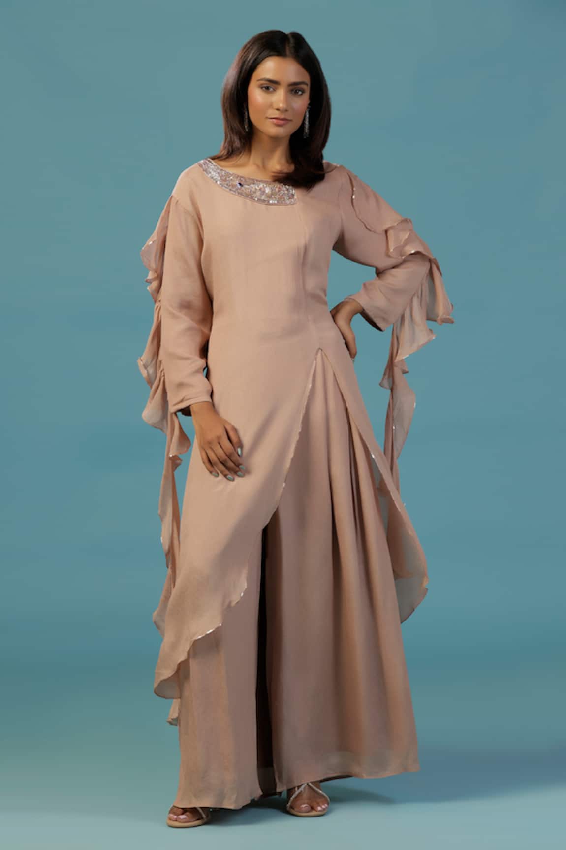Two Sisters By Gyans Designer Gold Chinon Kurta Set 