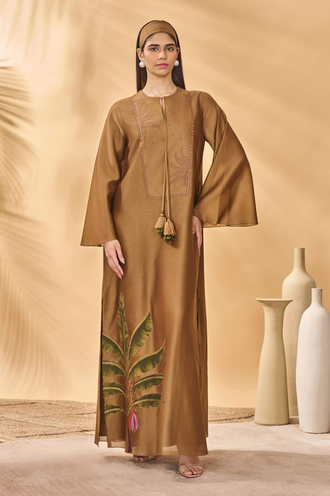 Masaba Tan Trellis Palm Kaftan 