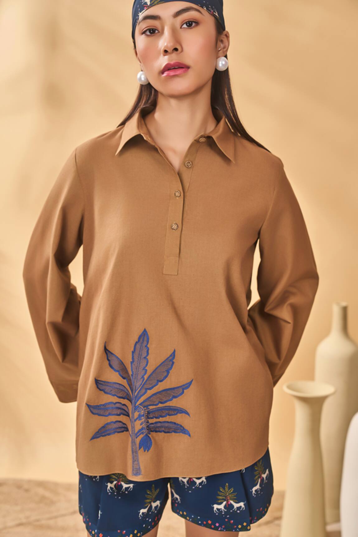 Masaba Tan Trellis Palm Embroidered Top 