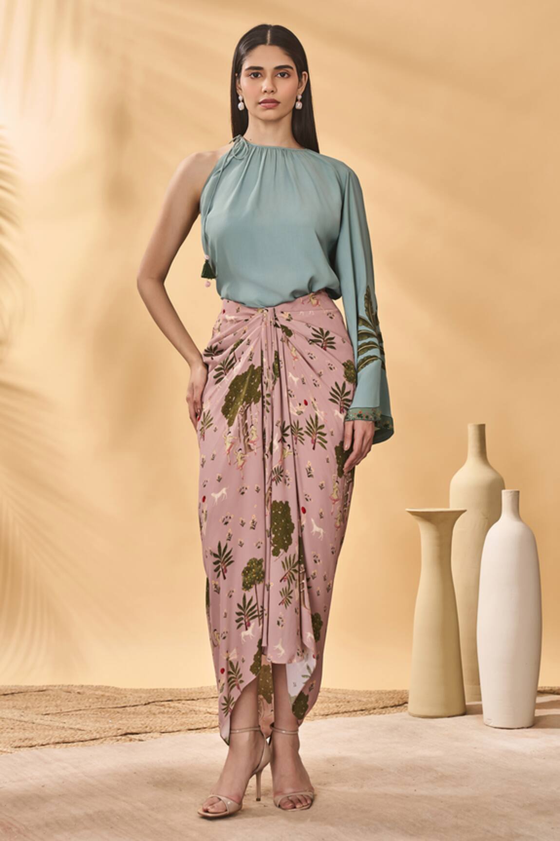 Masaba Blue One Shoulder Crepe Silk Top 