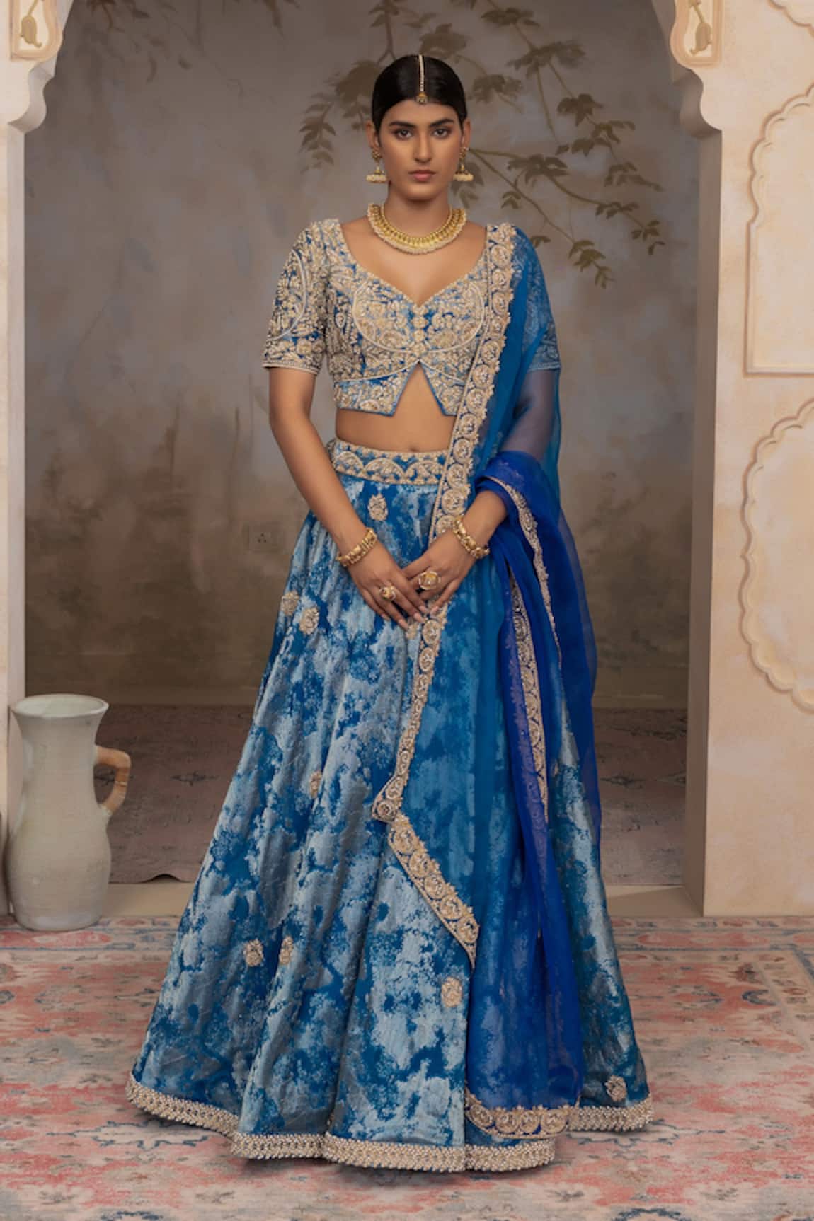 Adi By Aditya Khandelwl Peacock Blue Hand Embroidered Lehenga Set 