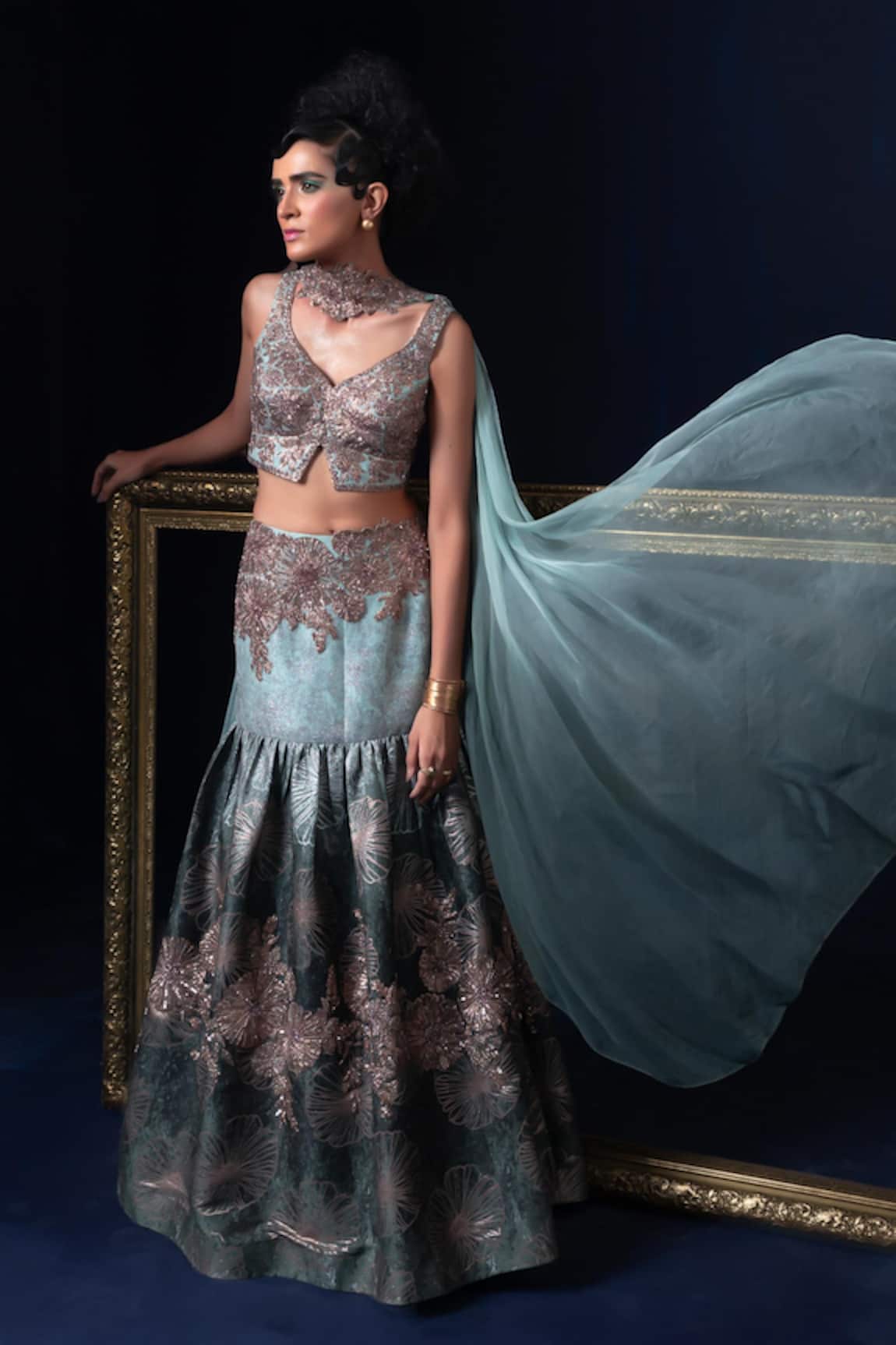 Adi By Aditya Khandelwl Blue & Green Hand Embroidered Lehenga Set 