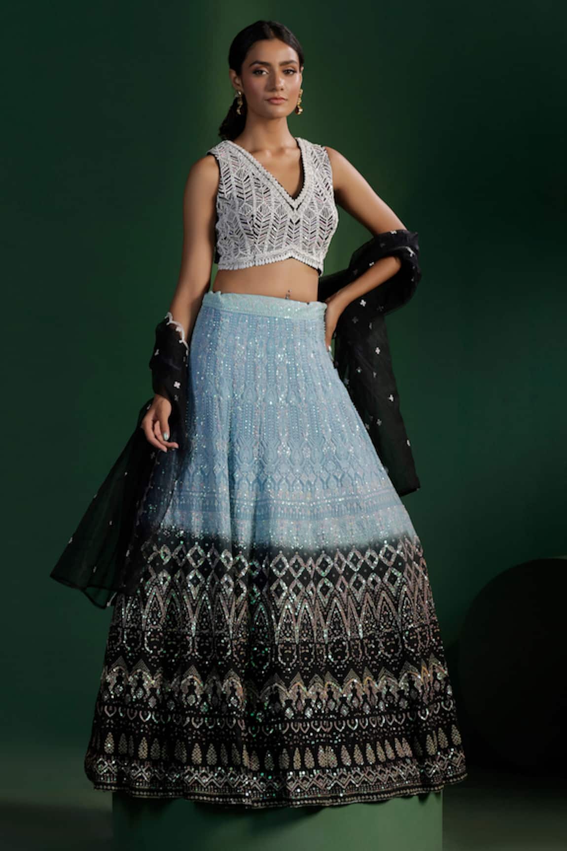 Two Sisters By Gyans Blue Georgette Embroidered Lehenga Set 
