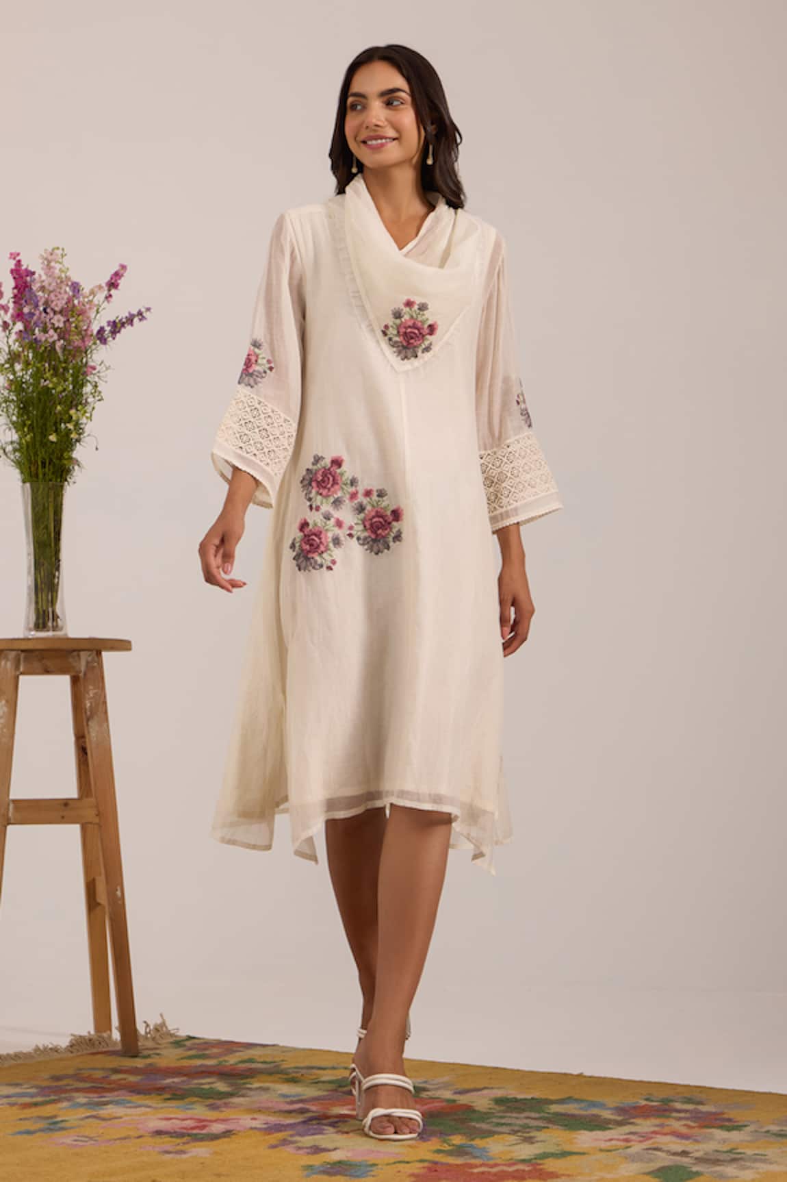 OMI Off White Chanderi A-Line Dress 