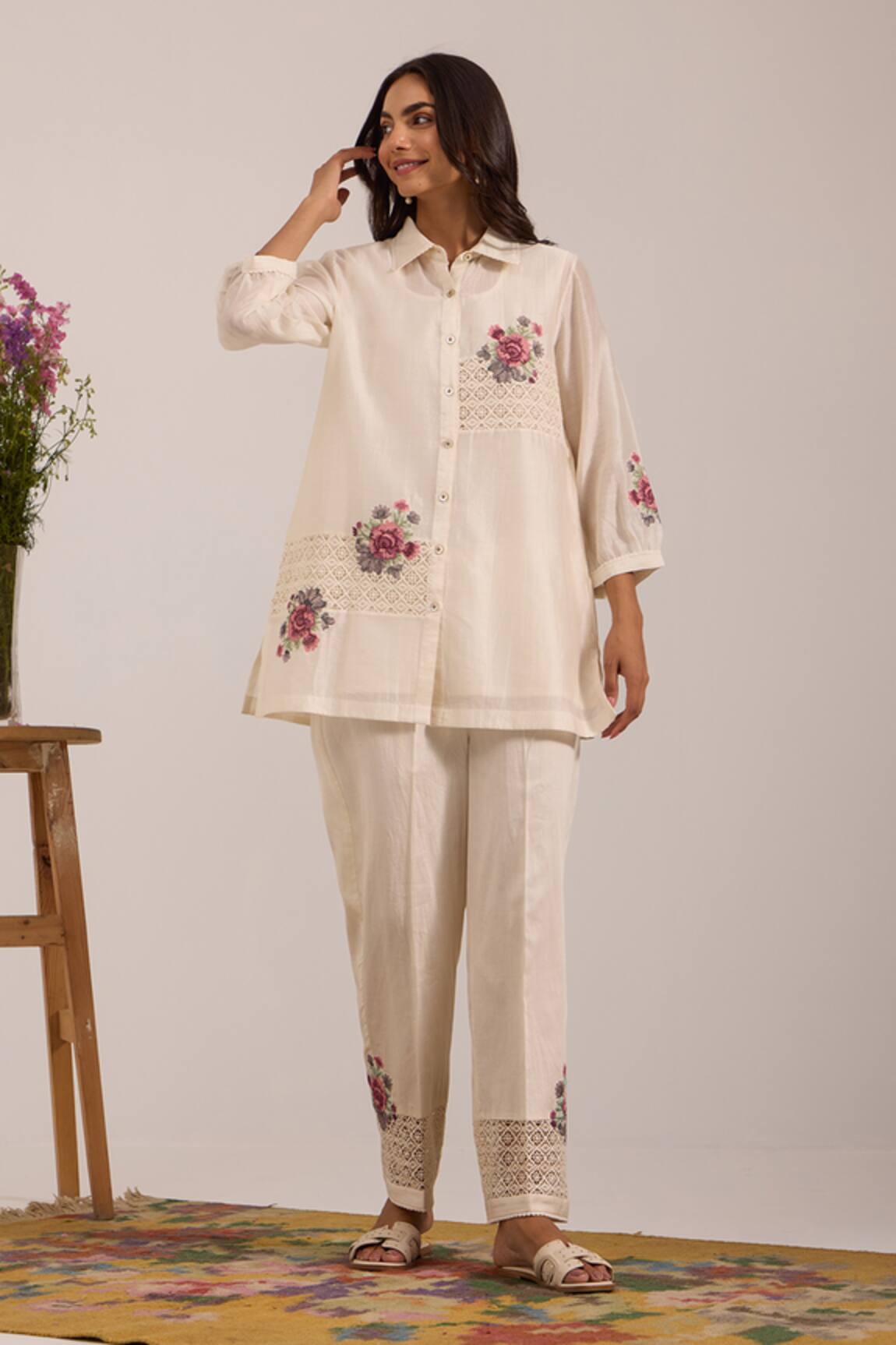 OMI Off White Floral Embroidered Pant Set 