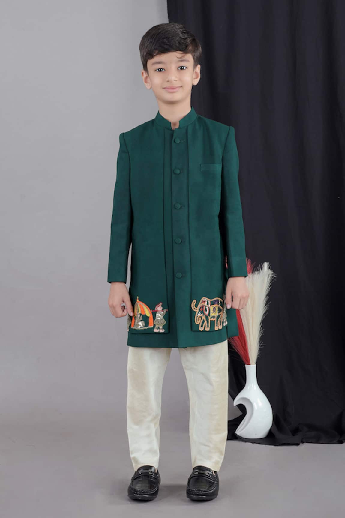 LITTLE BRATS Designer Boys Bottle Green Sherwani Set 