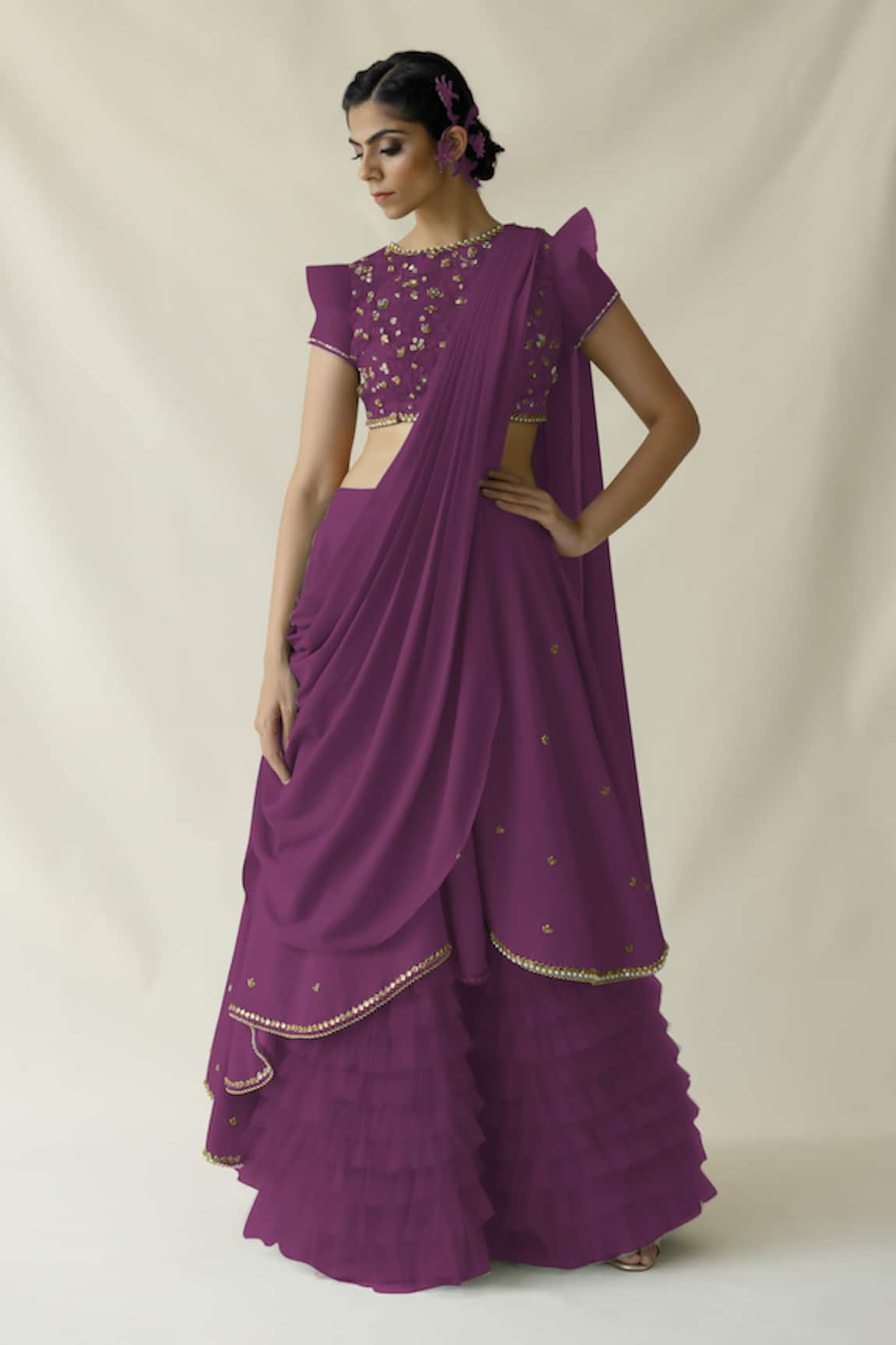 Merge Design Wine Multicolor Floral Fusion Lehenga Set 