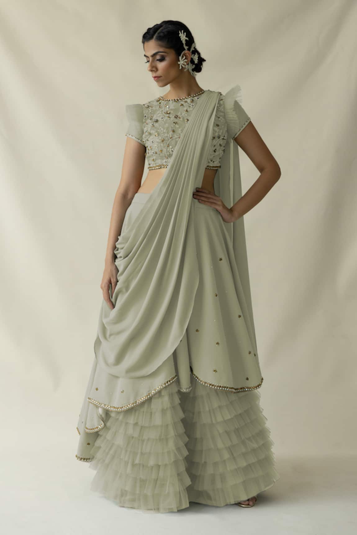 Merge Design Sage Green Embroidered Lehenga Set 