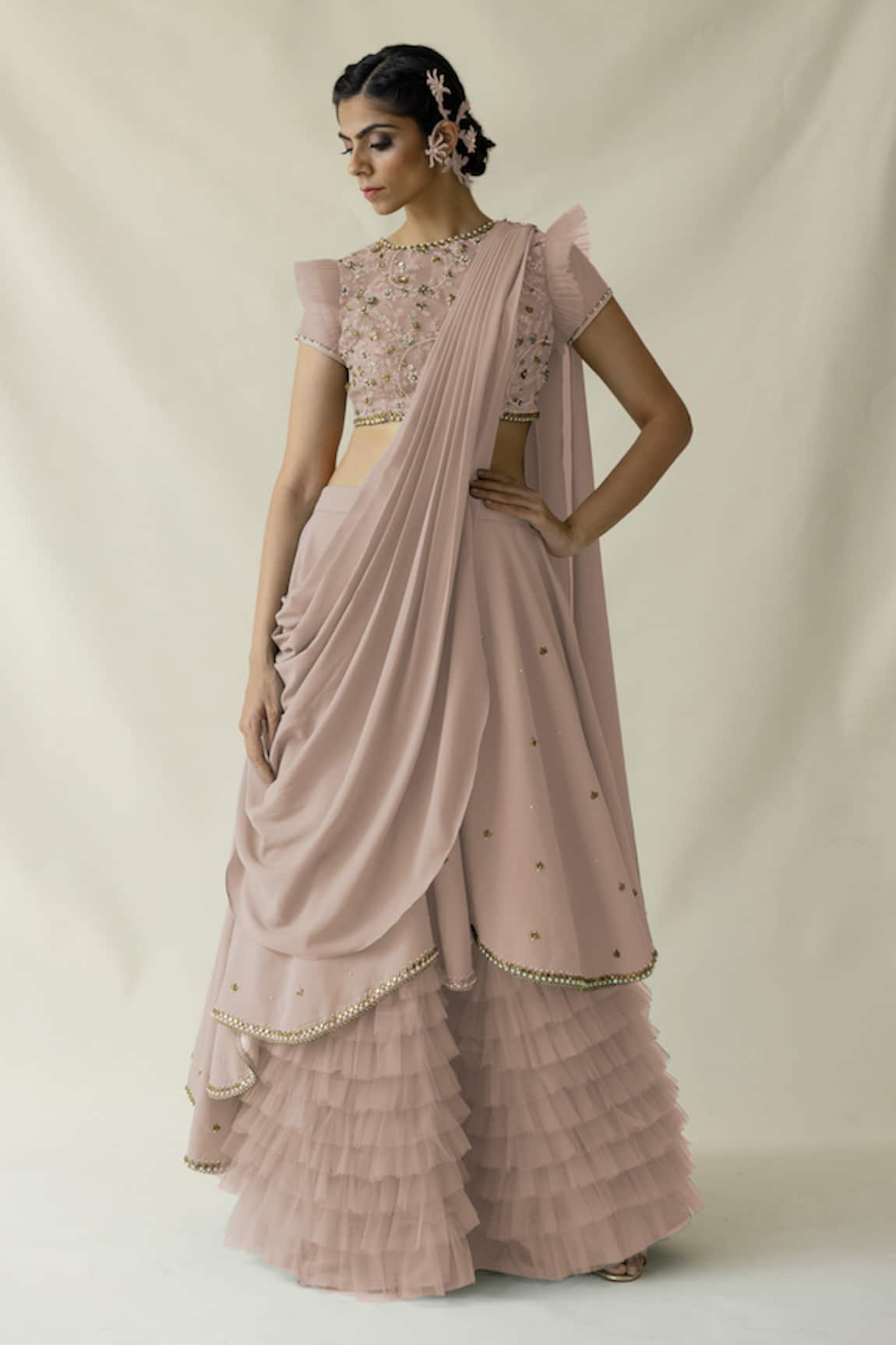 Merge Design Pale Pink Embroidered Fusion Lehenga Set 