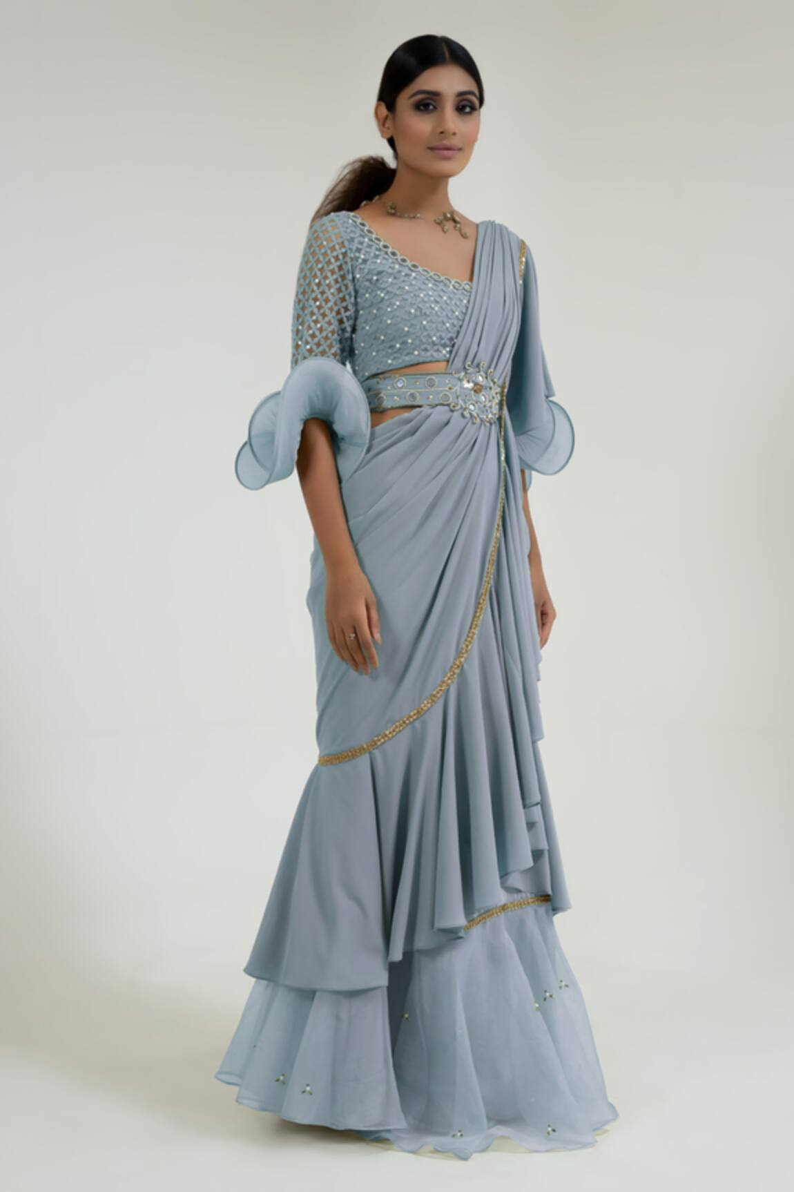 Merge Design Powder Blue Mirror Work Pre-Draped Saree 