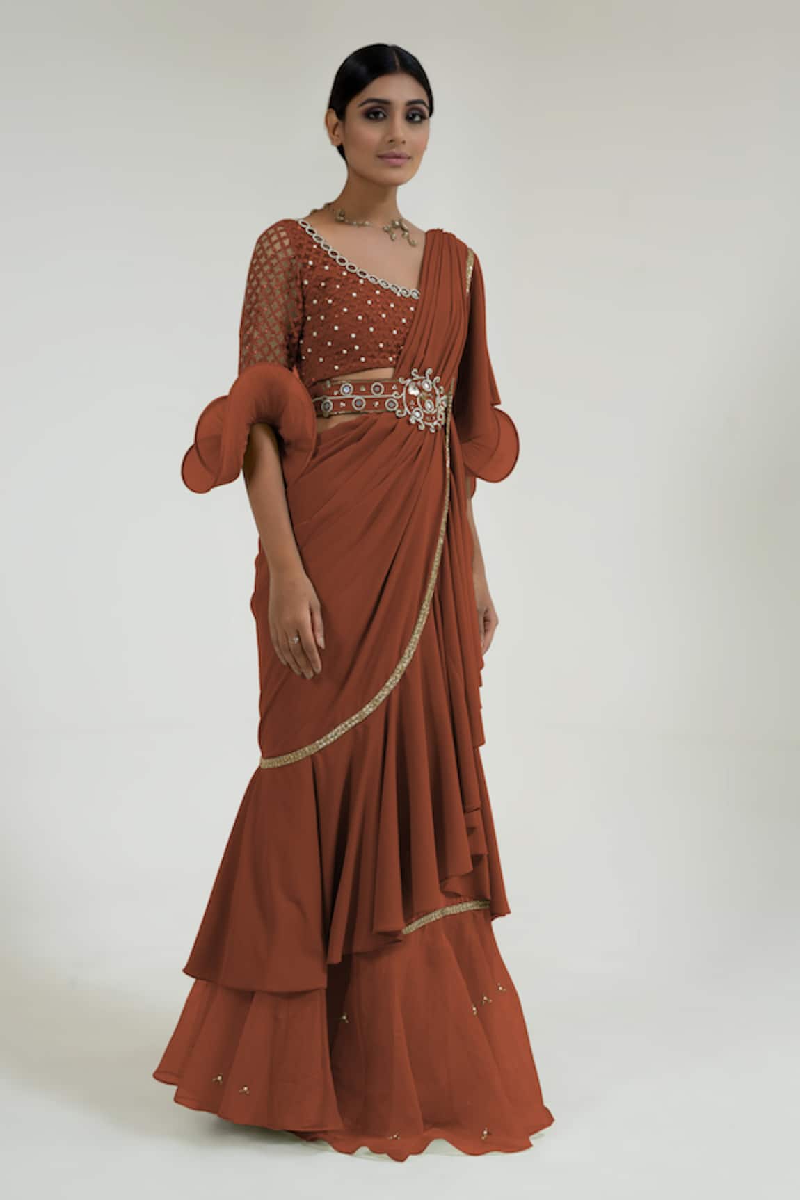Merge Design Rust Mirror Work Pre-Draped Saree 