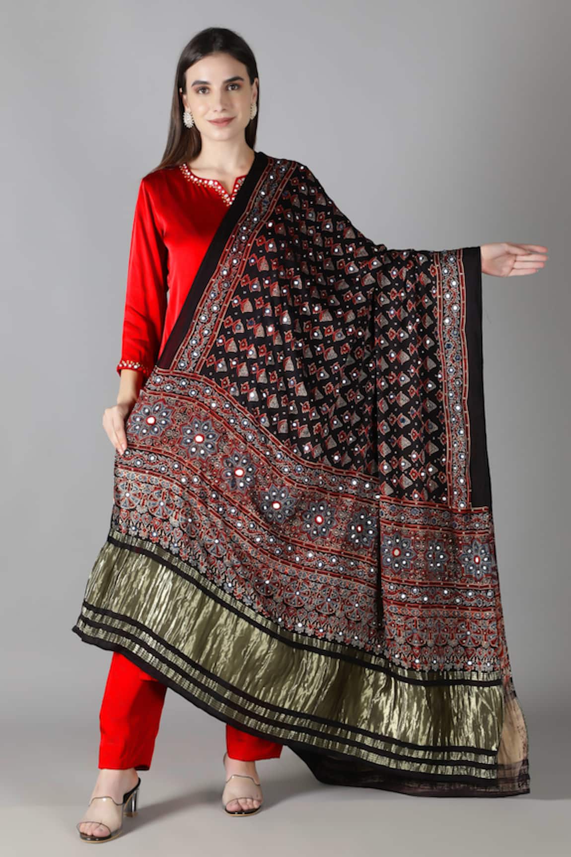 Sheeshakari Red Silk Kurta Set with Dupatta 