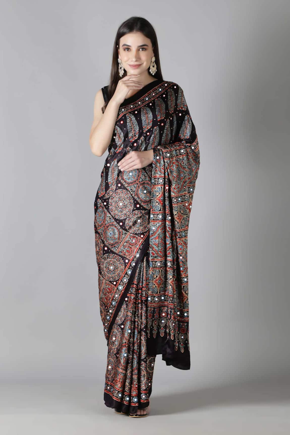 Sheeshakari Black Printed Silk Saree with Blouse 