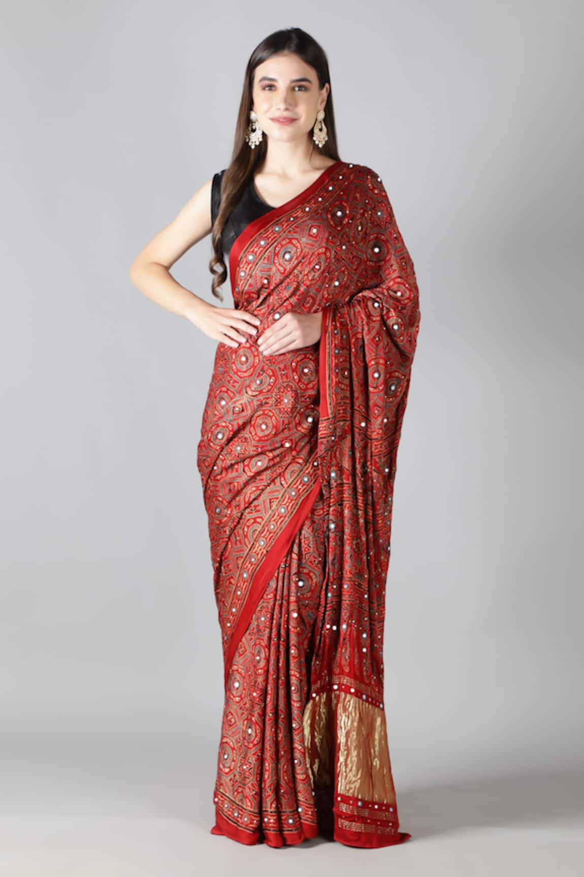 Sheeshakari Red Silk Printed Saree with Blouse 