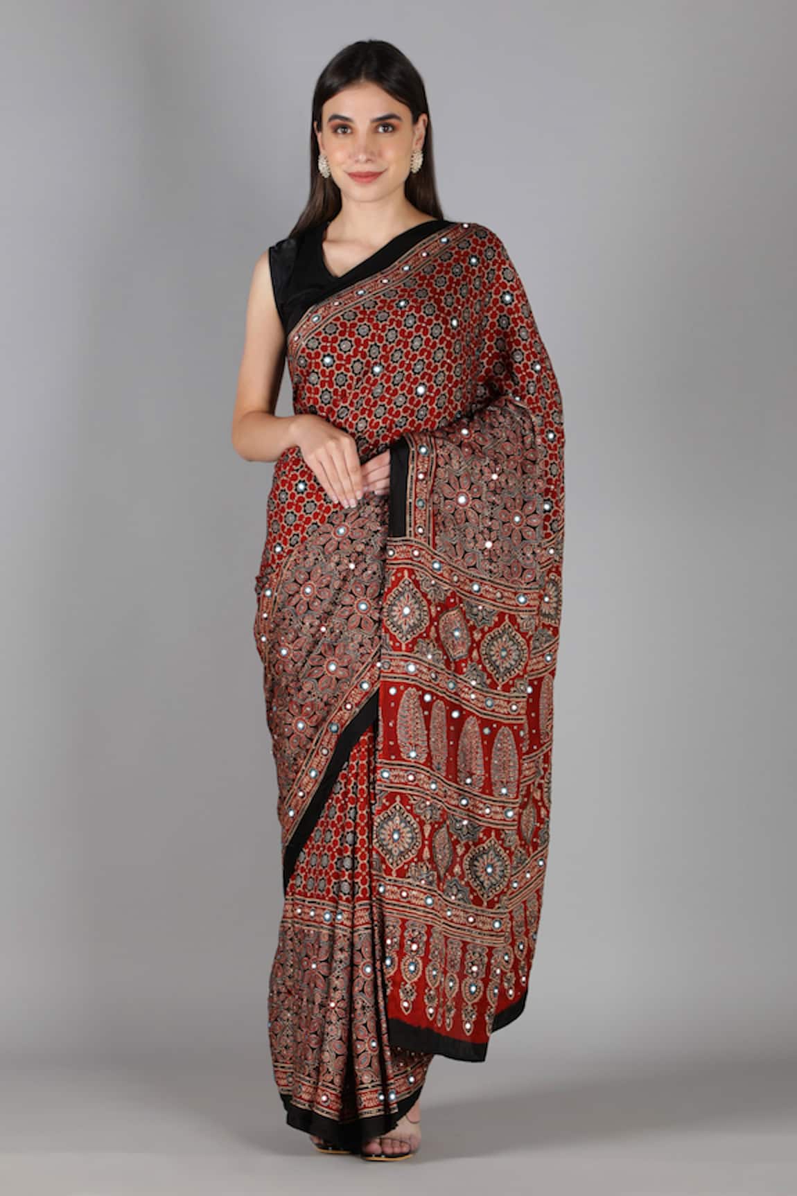 Sheeshakari Red Printed Silk Saree with Blouse 