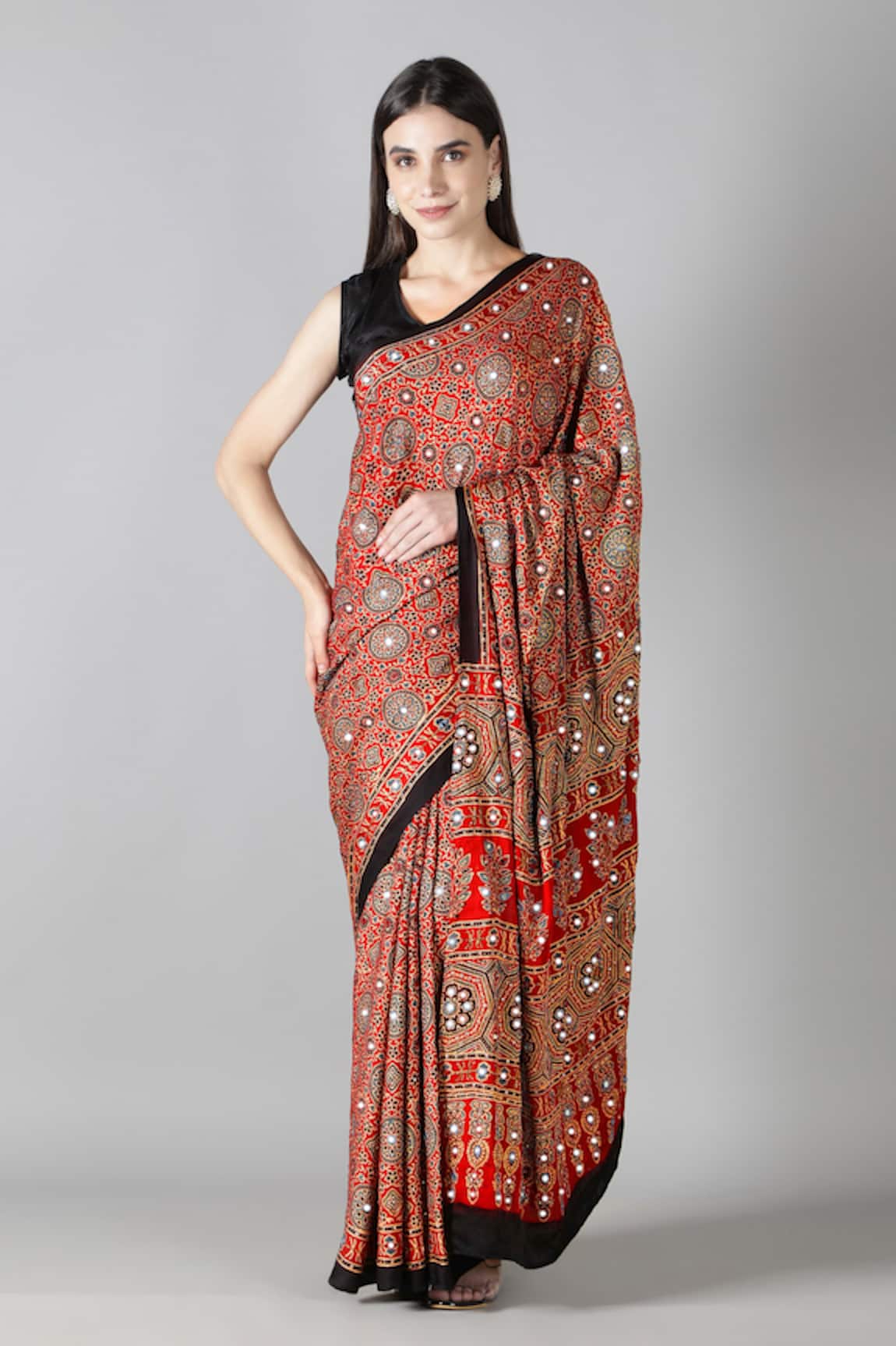 Sheeshakari Red Printed Silk Saree With Blouse 