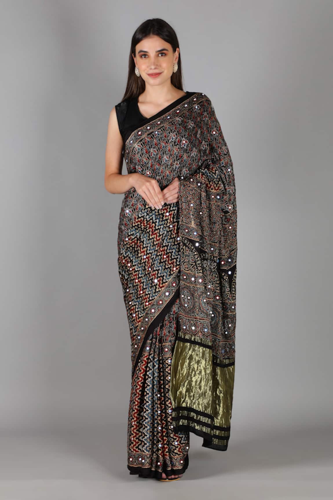 Sheeshakari Black Printed Silk Saree with Blouse 