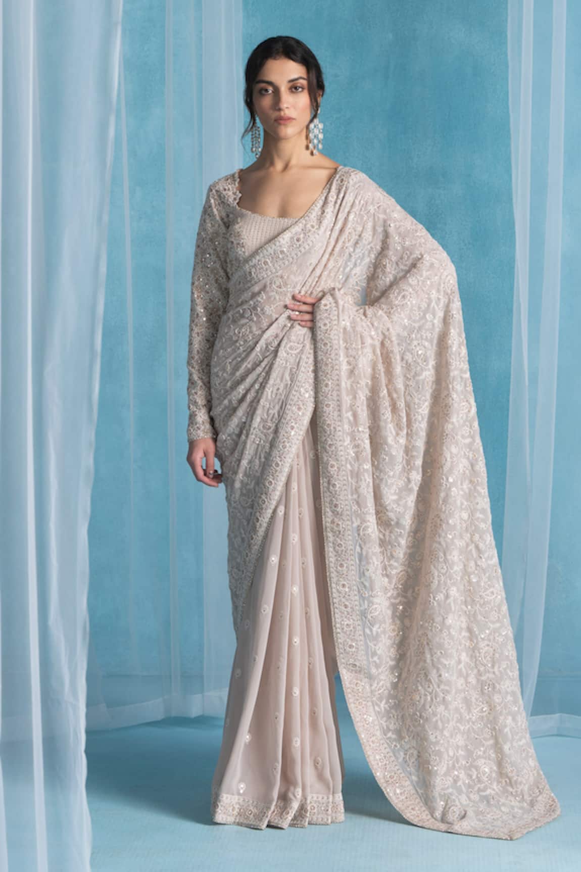 LASHKARAA Designer Soft Beige Classic Saree Set 