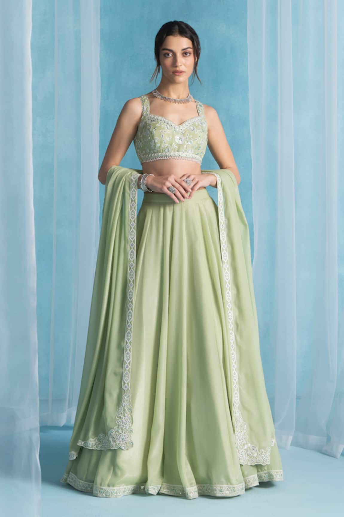 LASHKARAA Light Green Embroidered Classic Lehenga Set 