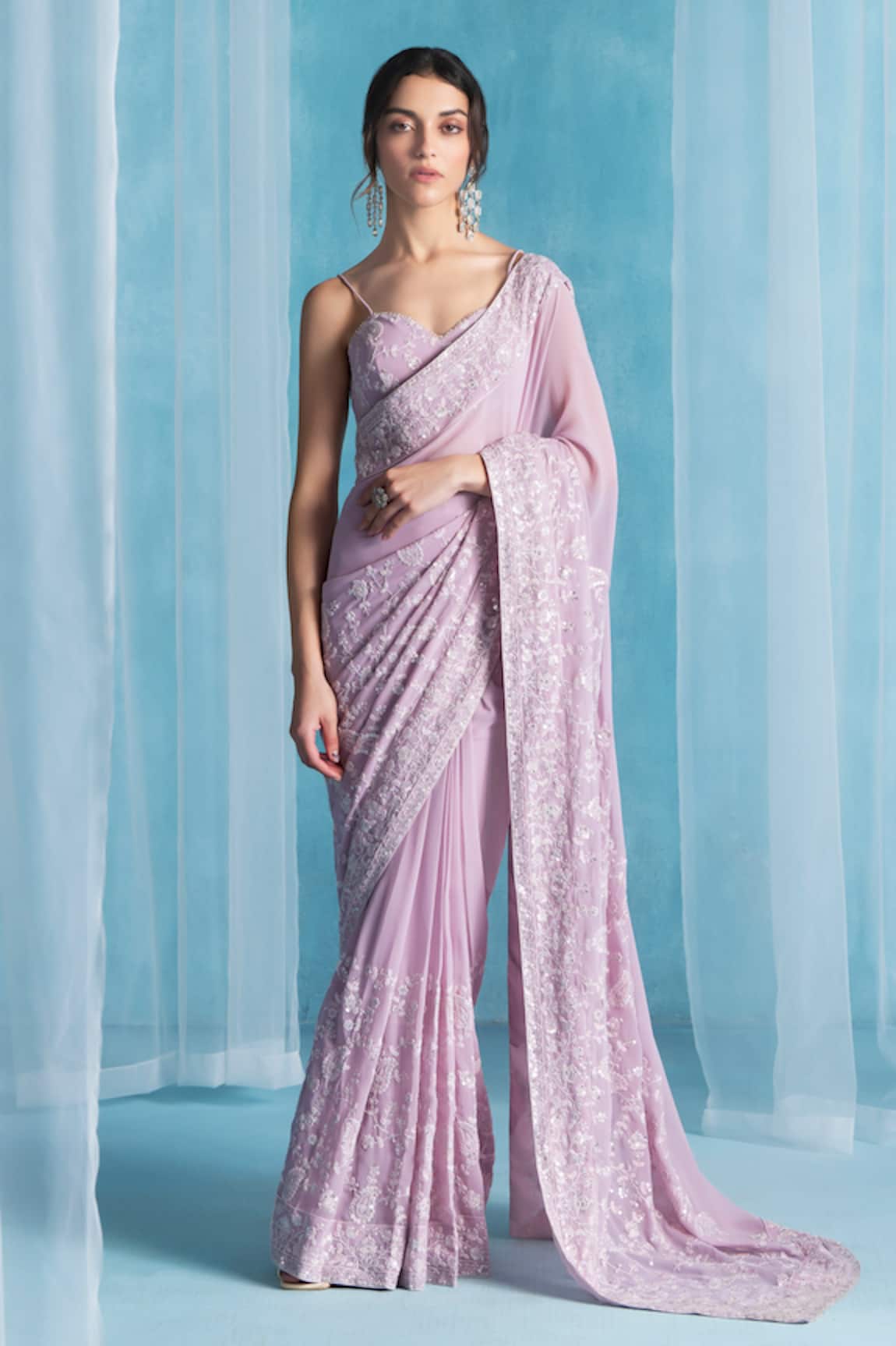 LASHKARAA Designer Dusty Pink Georgette Saree Set 