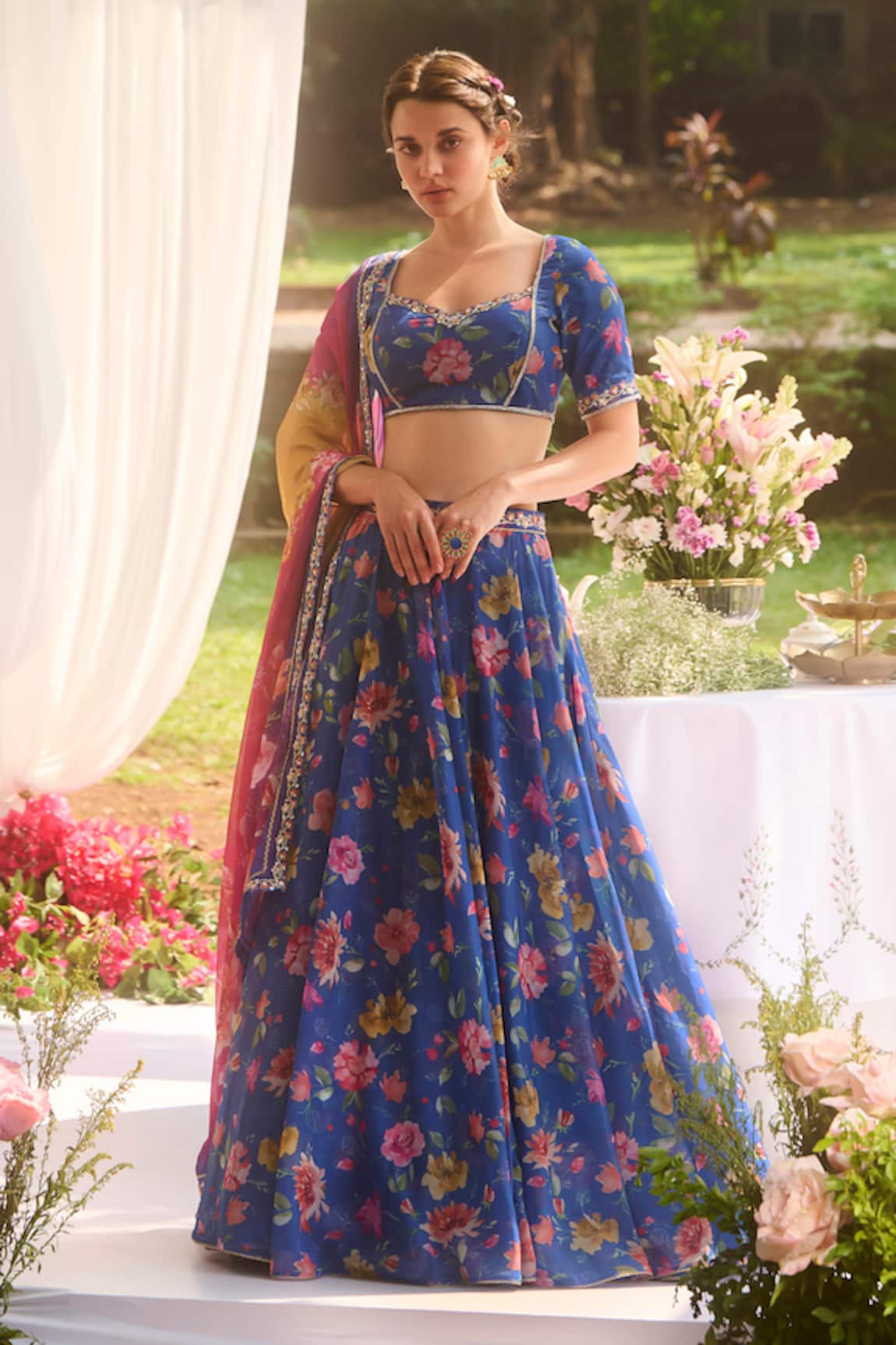 LASHKARAA Floral Print Blue Lehenga Set 