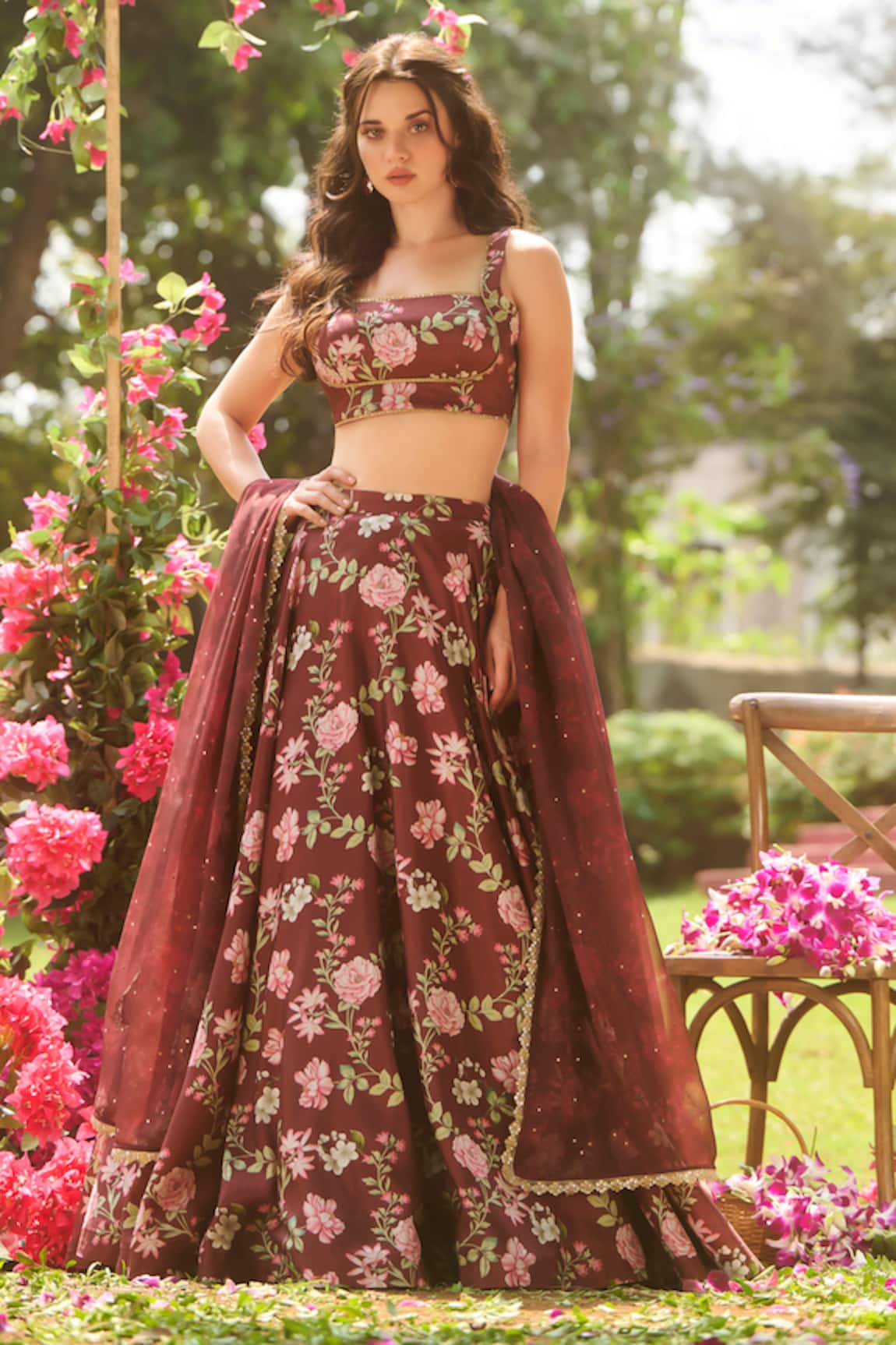 LASHKARAA Brown Floral Print Lehenga Set 