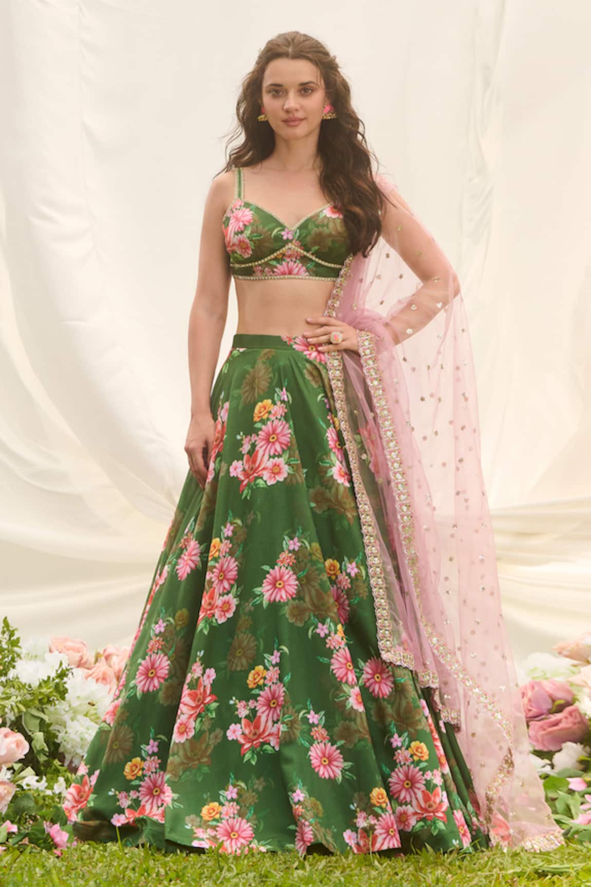 LASHKARAA Floral Printed Green Lehenga Set 