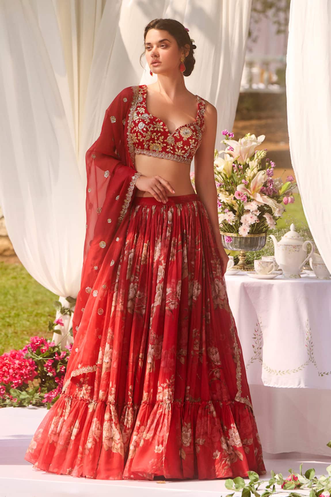 LASHKARAA Red Printed Lehenga Set 