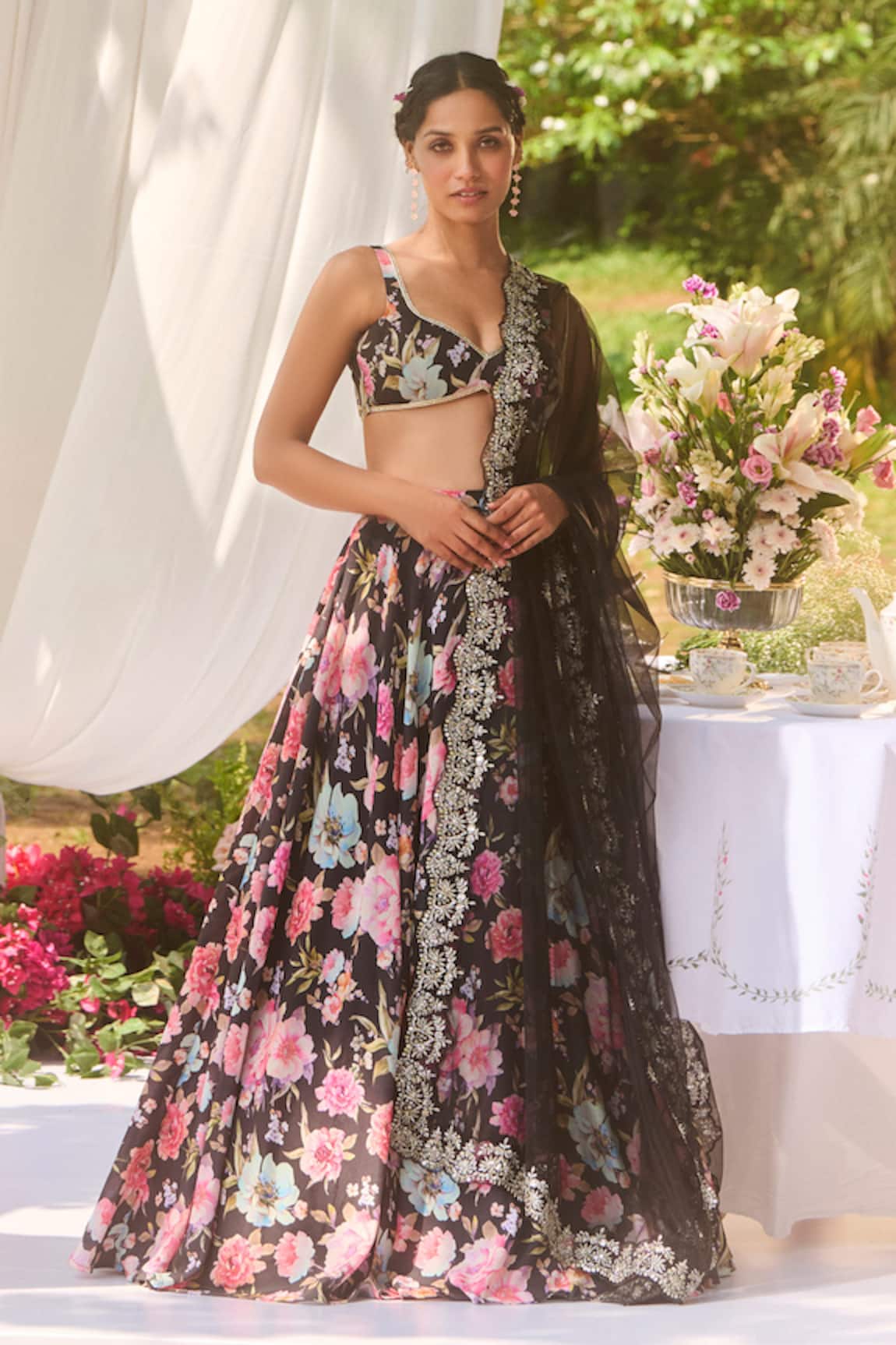 LASHKARAA Black Floral Print Lehenga Set 