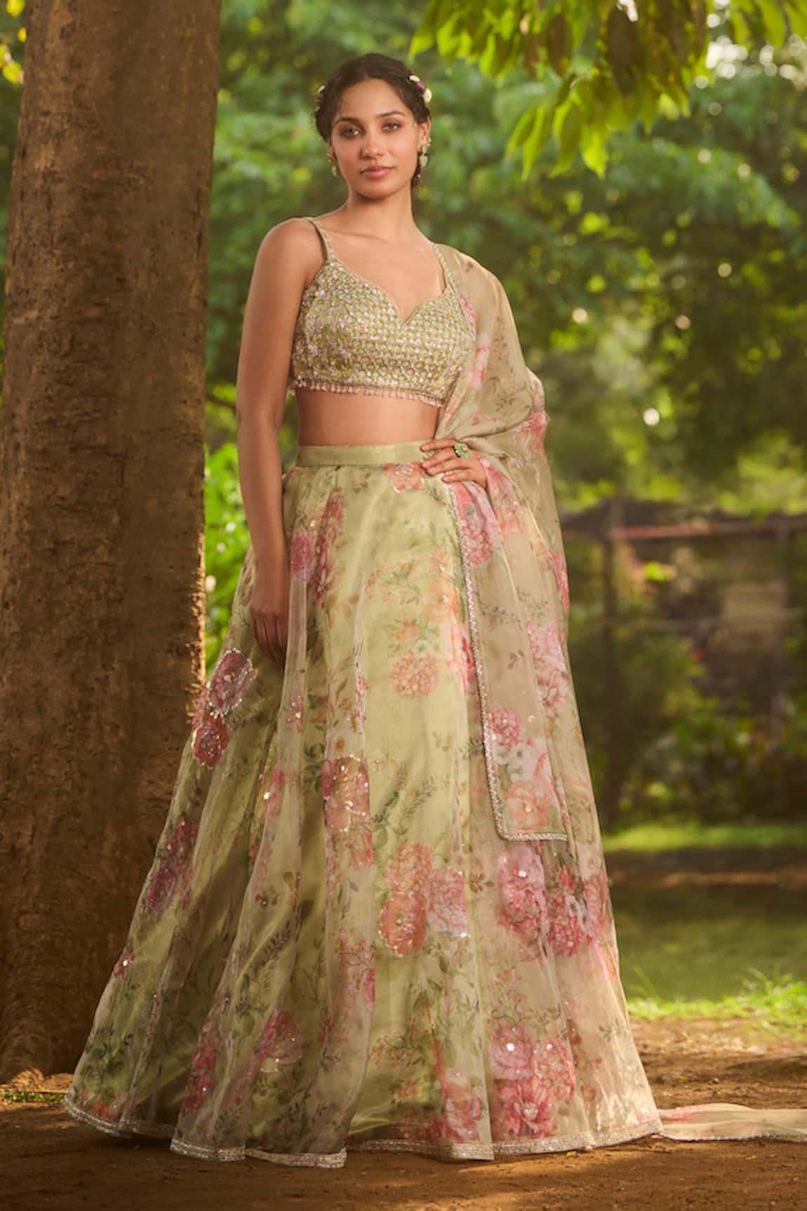 LASHKARAA Dusty Green Floral Printed Lehenga Set 
