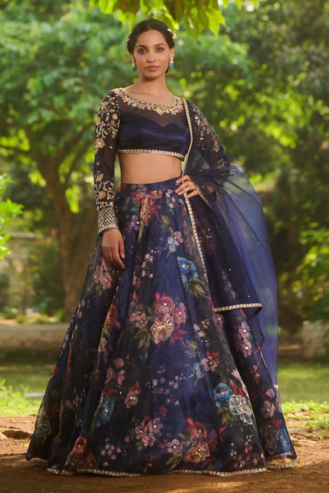 LASHKARAA Navy Blue Floral Printed Lehenga Set 