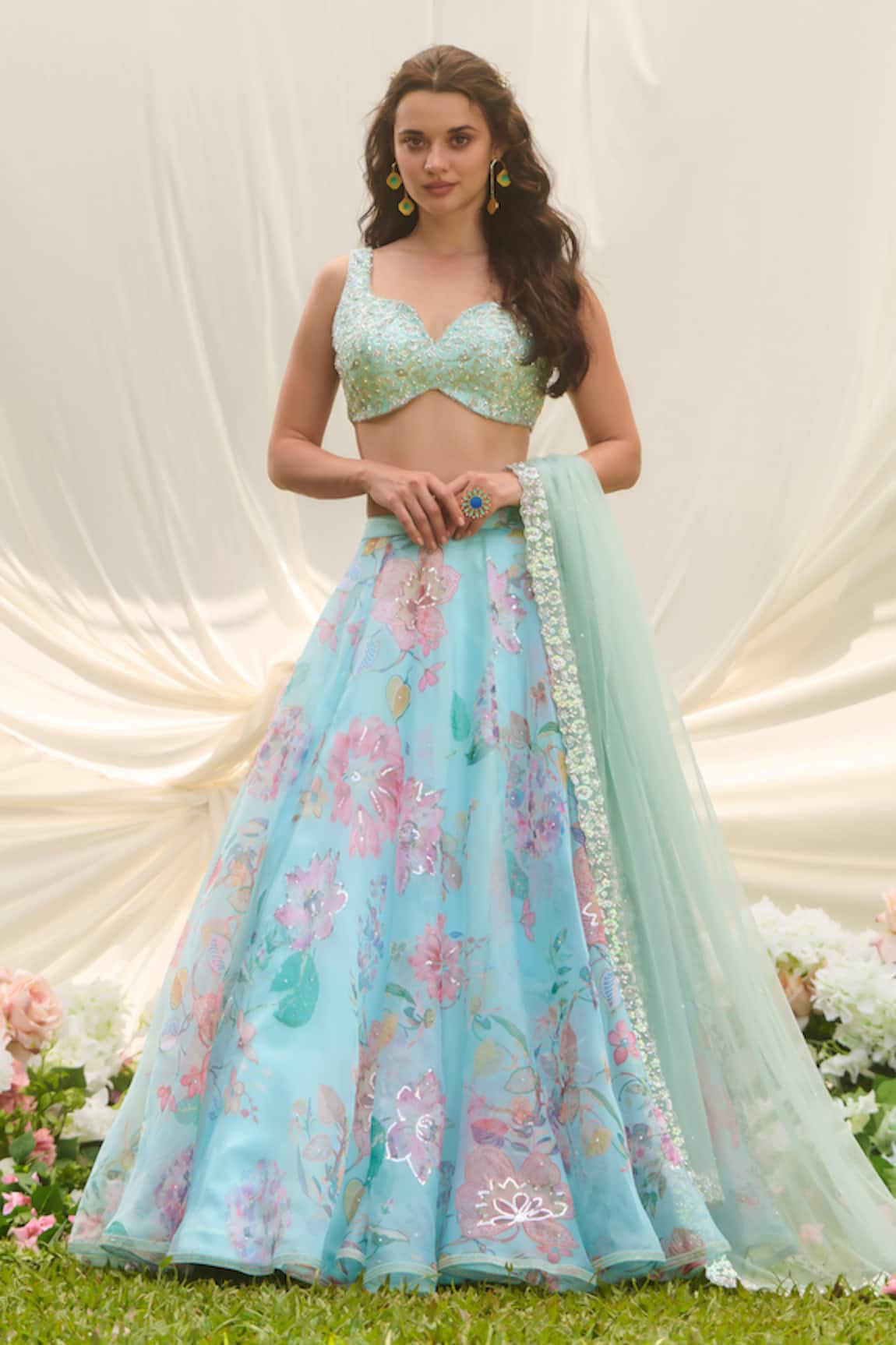 LASHKARAA Sky Blue Floral Lehenga Set 