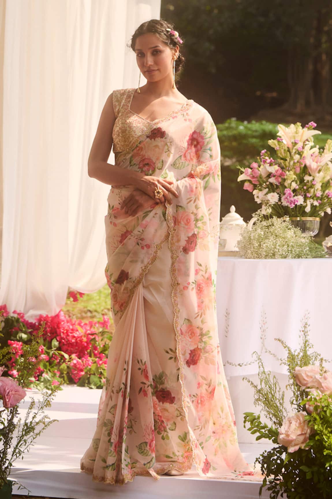 LASHKARAA Ivory Floral Chiffon Saree Set 