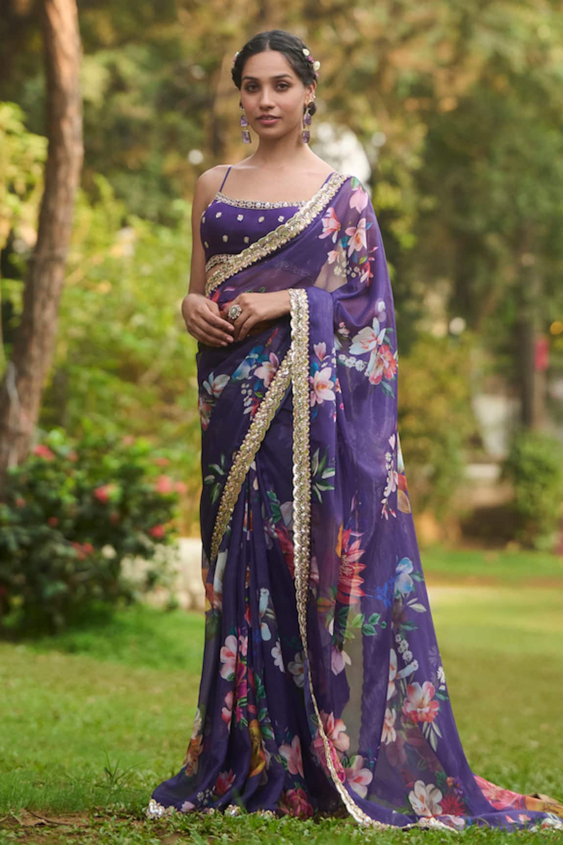LASHKARAA Purple Floral Chiffon Saree Set 